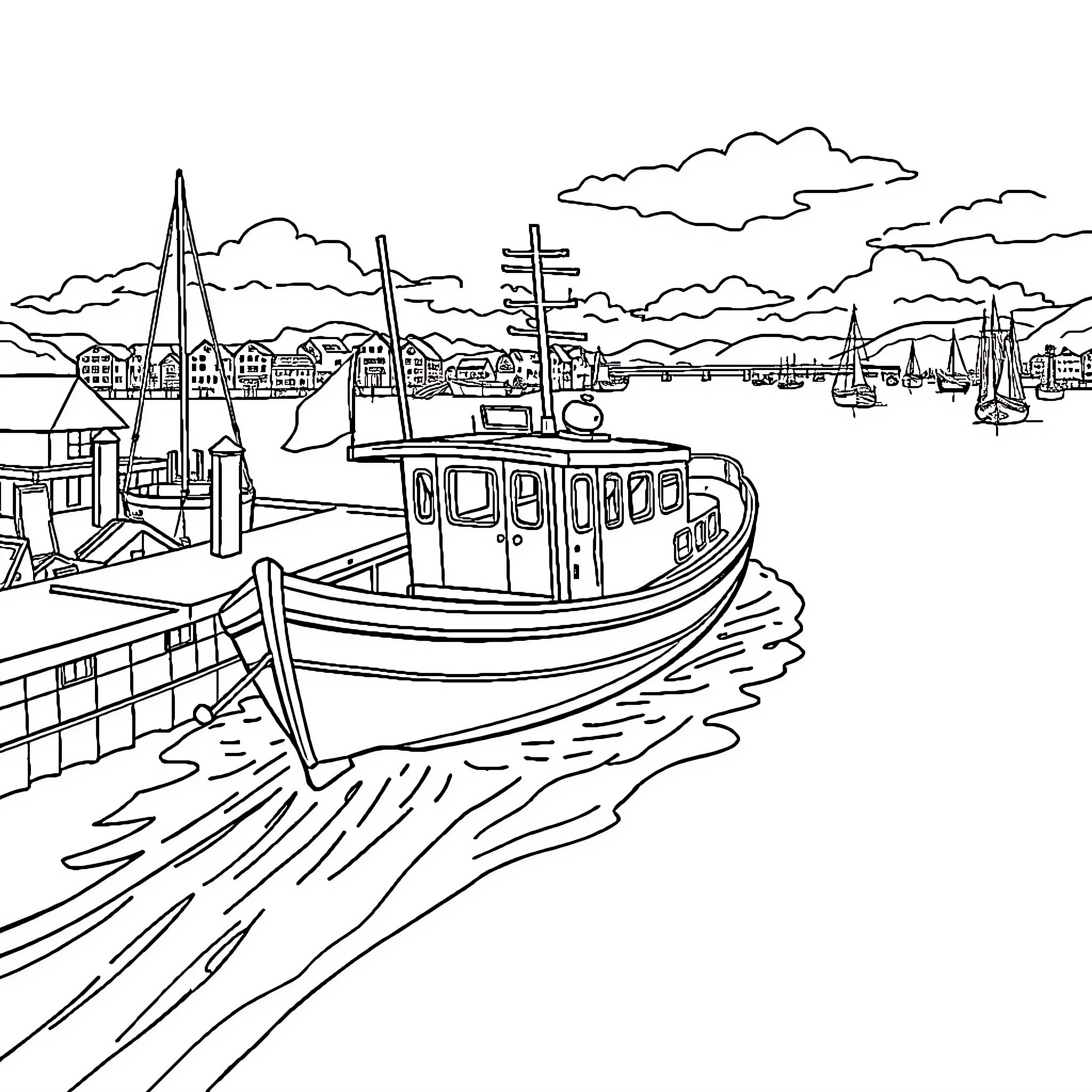 Boat sailing along the harbor with cityscape in the background Coloring Page (free black-and-white line drawing printable PDF for all, from beginners to advanced learners, including children, teens, adults, and seniors)