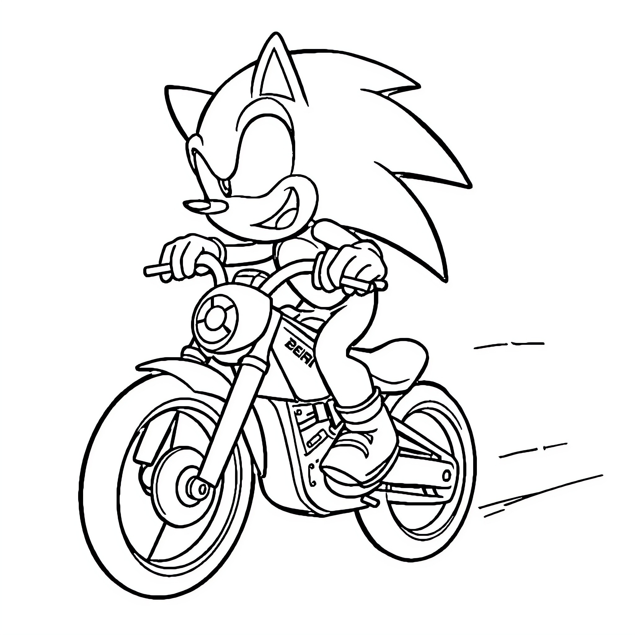 Sonic riding a motorcycle with speed and excitement Coloring Page (free black-and-white line drawing printable PDF for all, from beginners to advanced learners, including children, teens, adults, and seniors)