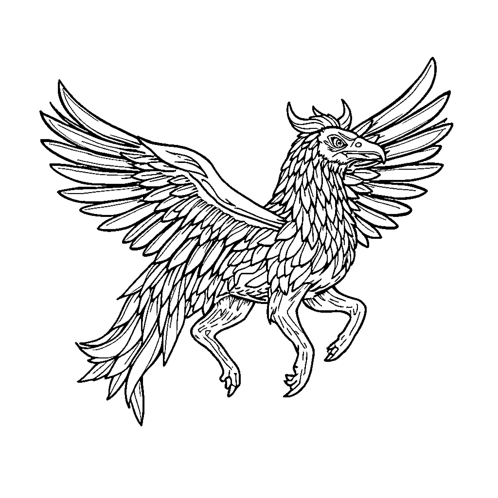 Unicorn soaring with wings spread Coloring Page (free black-and-white line drawing printable PDF for all, from beginners to advanced learners, including children, teens, adults, and seniors)