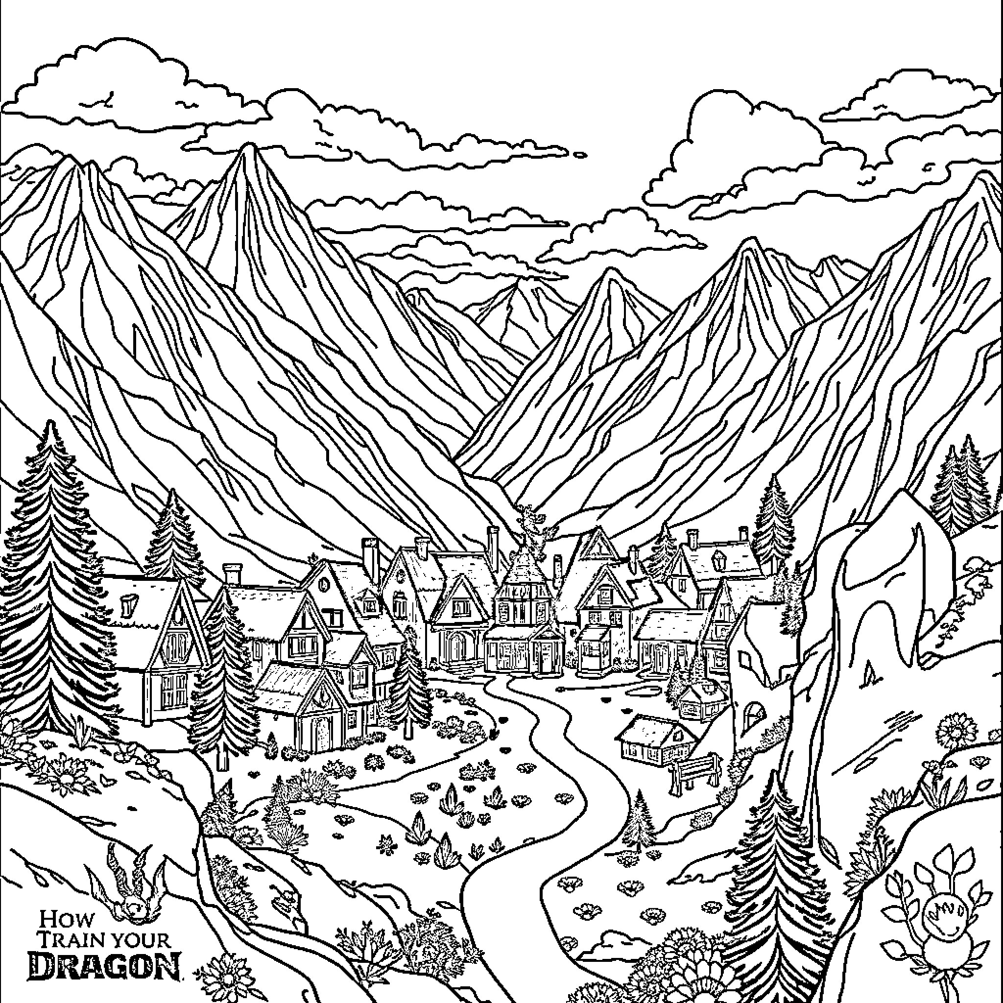 Dragon Soaring Over a Fantastical Mountain Village Coloring Page (free black-and-white line drawing printable PDF for all, from beginners to advanced learners, including children, teens, adults, and seniors)