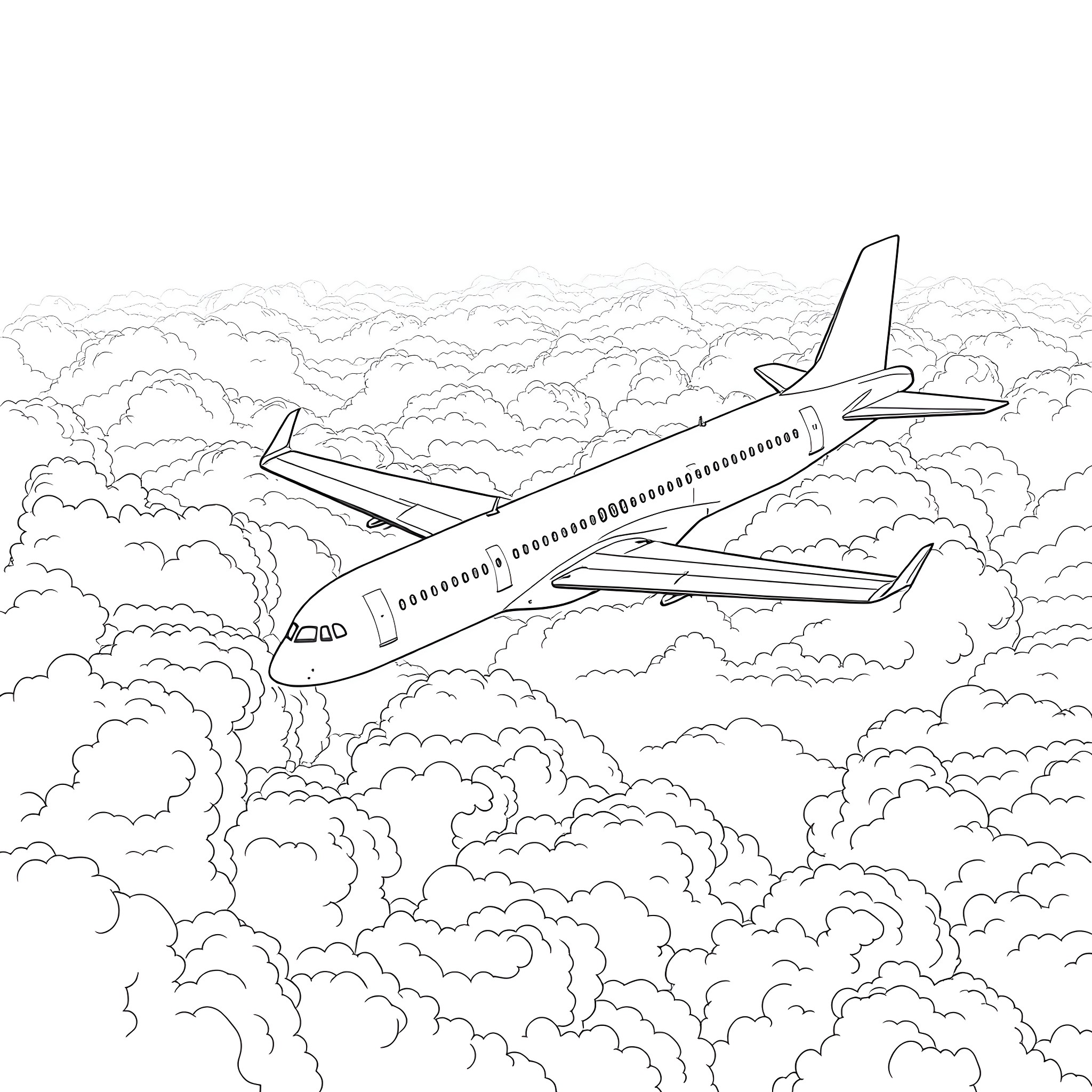 A320 aircraft soaring through cloudy skies Coloring Page (free black-and-white line drawing printable PDF for all, from beginners to advanced learners, including children, teens, adults, and seniors)