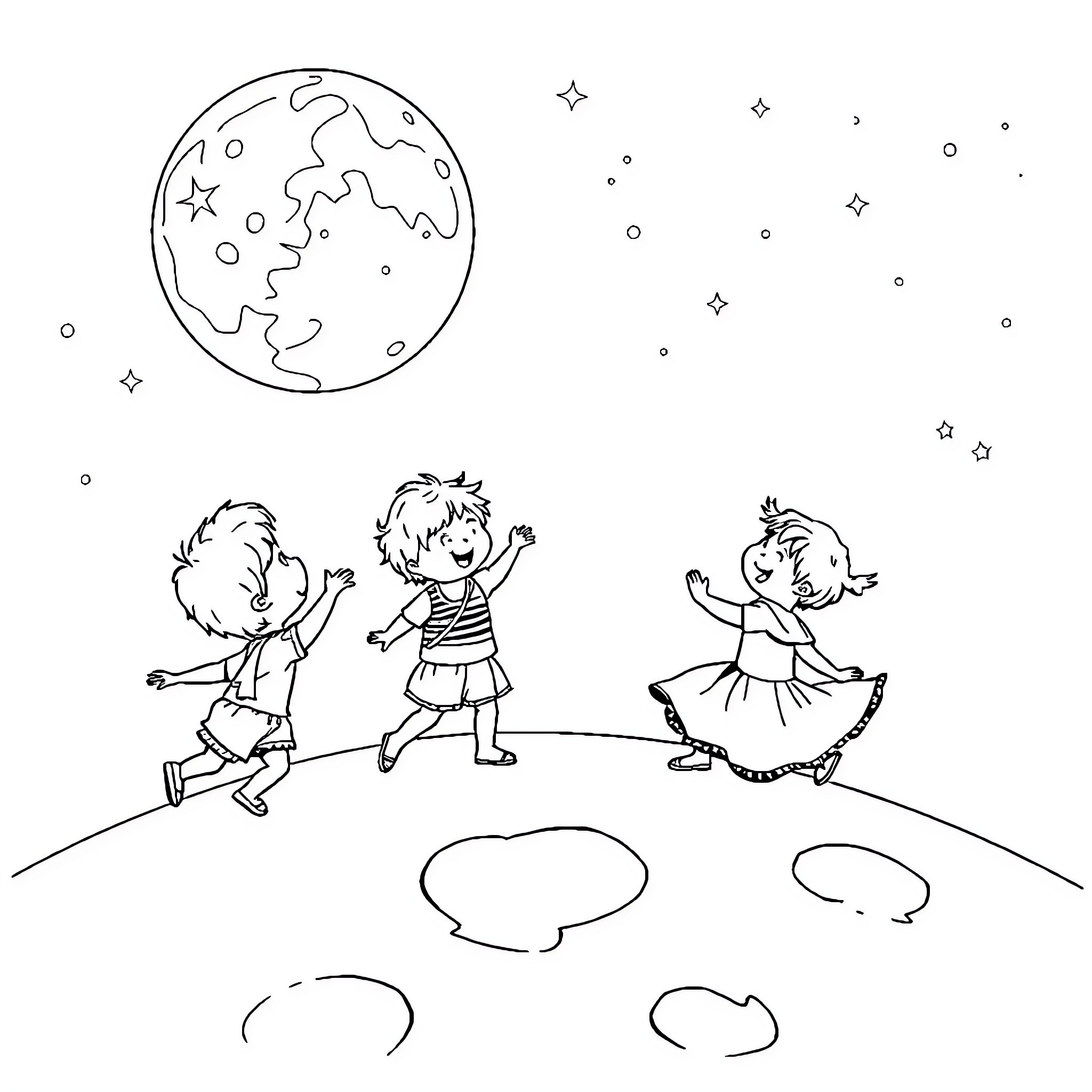 Children playing joyfully under the starry night sky Coloring Page (free black-and-white line drawing printable PDF for all, from beginners to advanced learners, including children, teens, adults, and seniors)