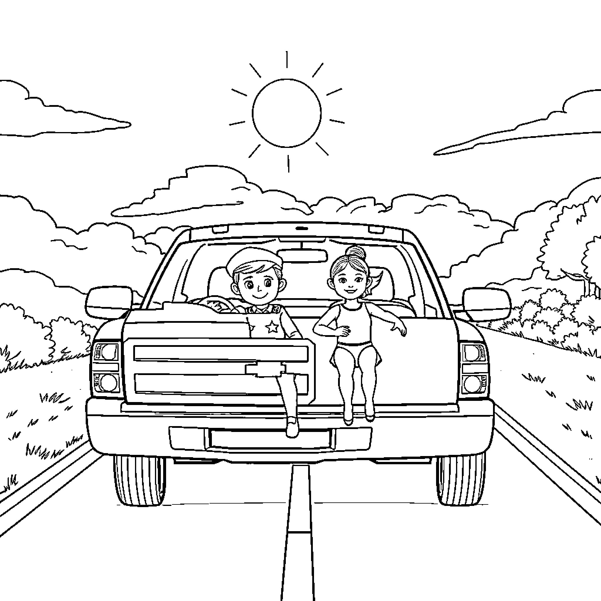 Deputy Sheriff assisting young passengers in vehicle Coloring Page (free black-and-white line drawing printable PDF for all, from beginners to advanced learners, including children, teens, adults, and seniors)