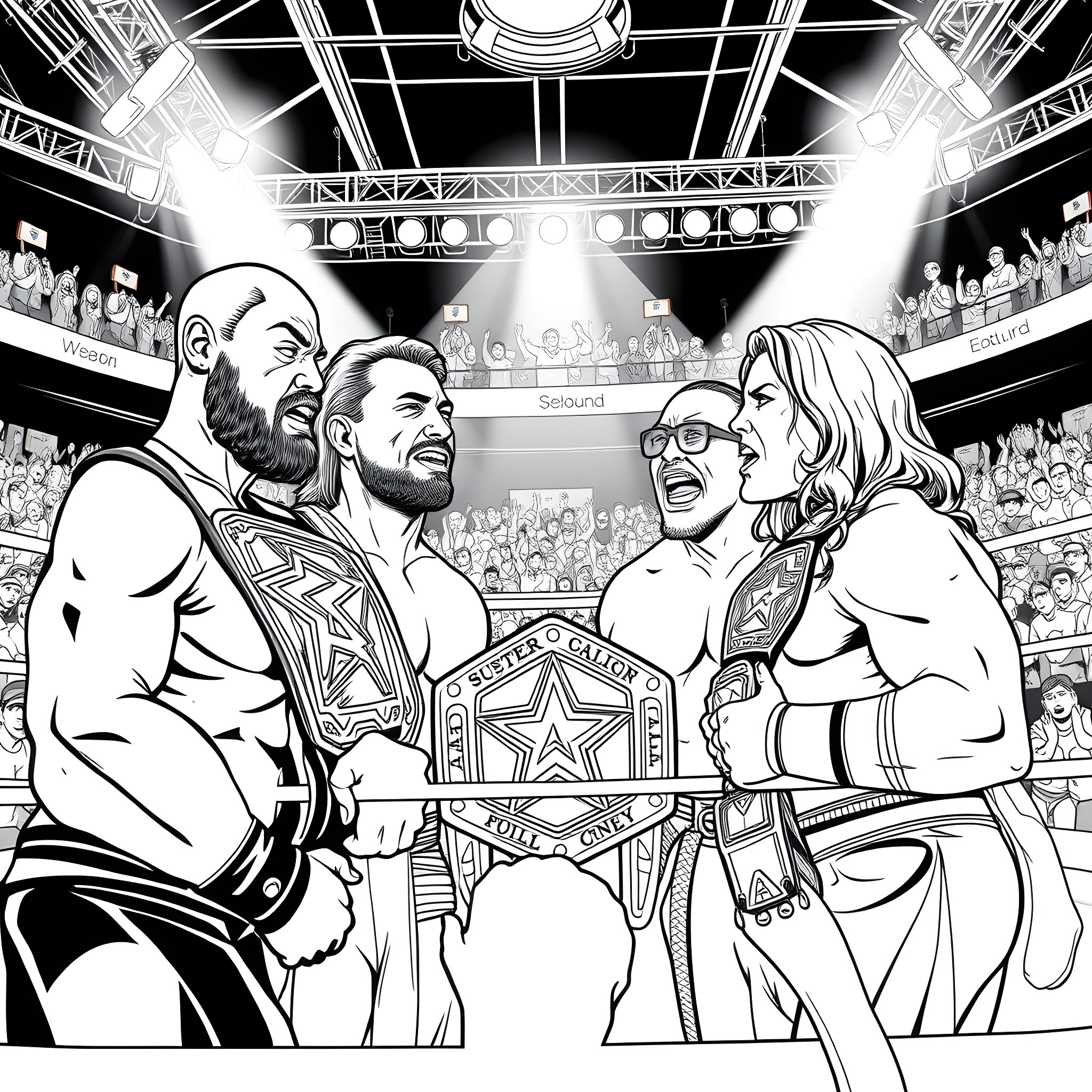 WWE Champions Celebrating Title Victory in the Arena Coloring Page (free black-and-white line drawing printable PDF for all, from beginners to advanced learners, including children, teens, adults, and seniors)