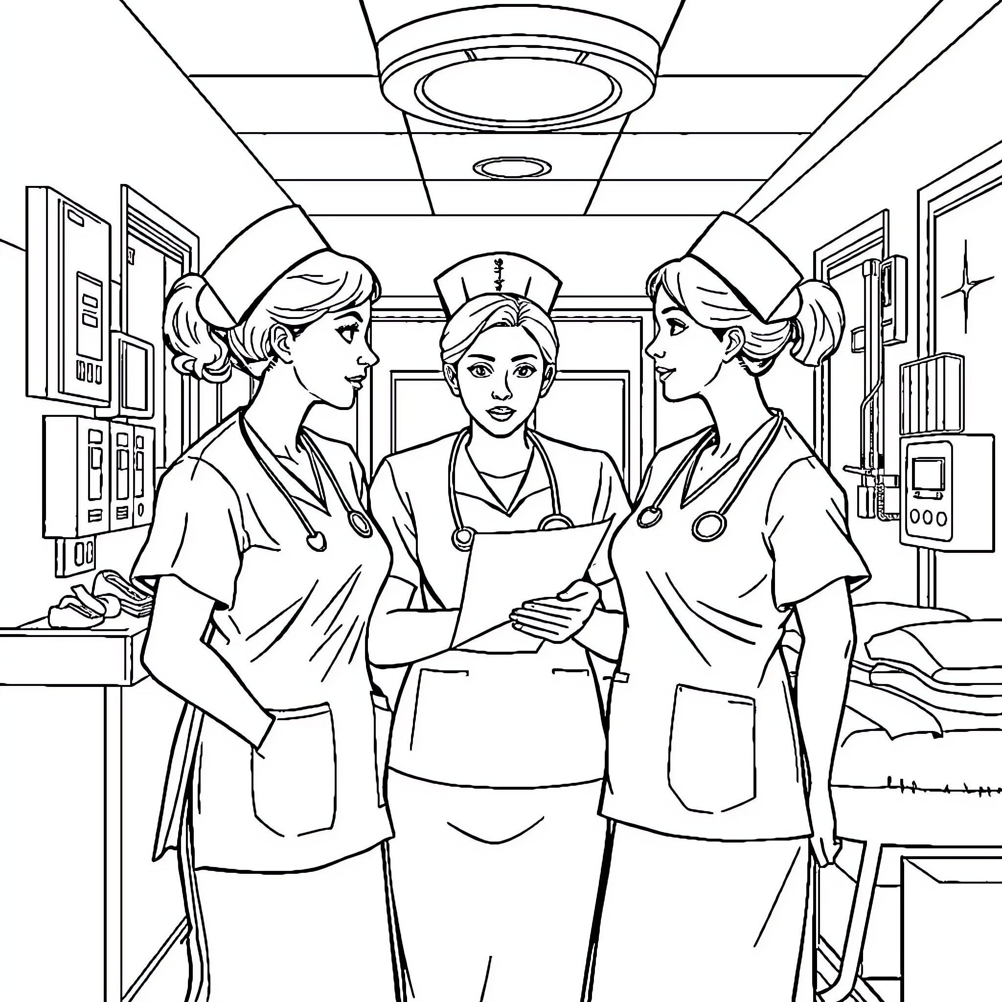 Nurse Team Discussing Patient Care in the Hospital Coloring Page (free black-and-white line drawing printable PDF for all, from beginners to advanced learners, including children, teens, adults, and seniors)