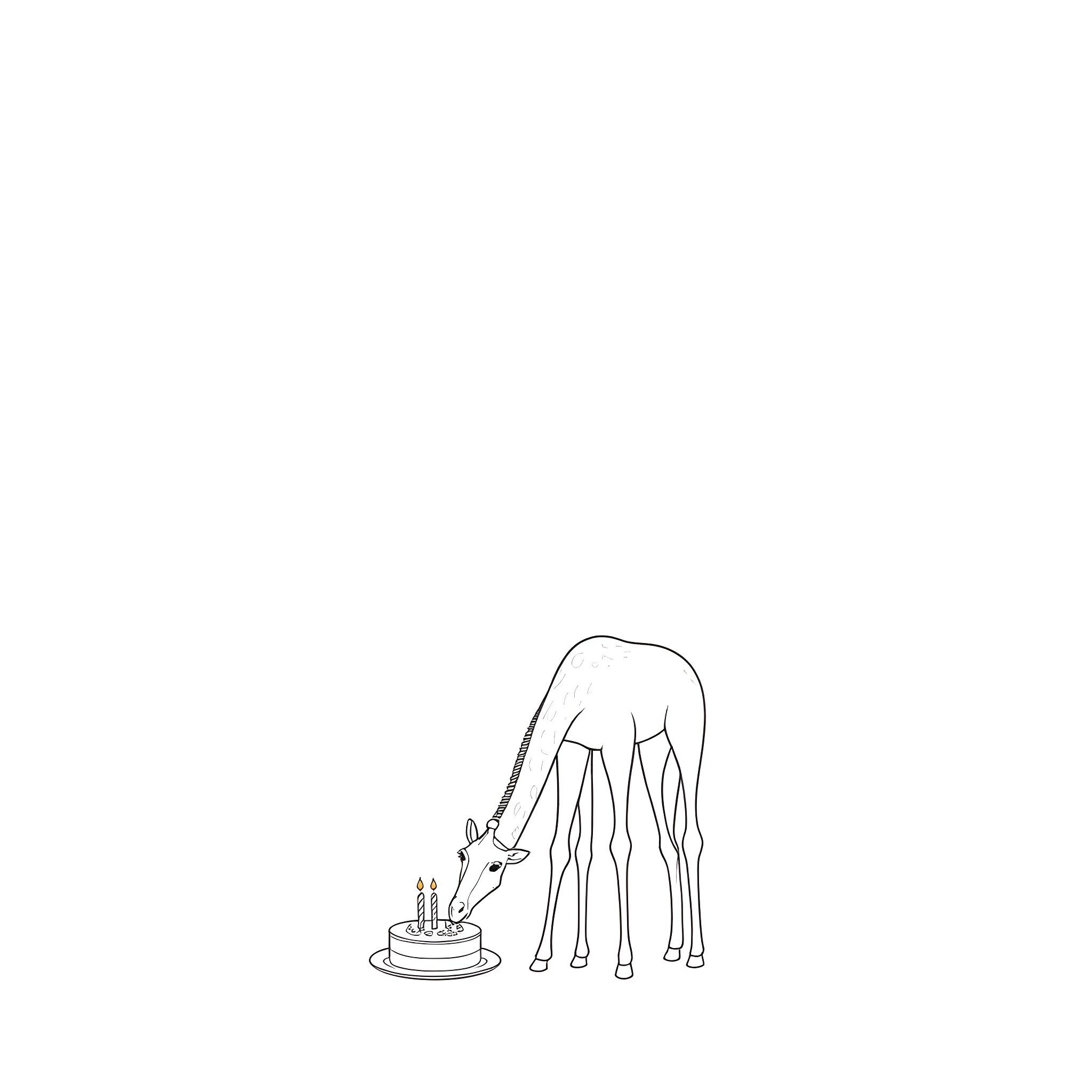 Giraffe celebrating with birthday cake Coloring Page (free black-and-white line drawing printable PDF for all, from beginners to advanced learners, including children, teens, adults, and seniors)