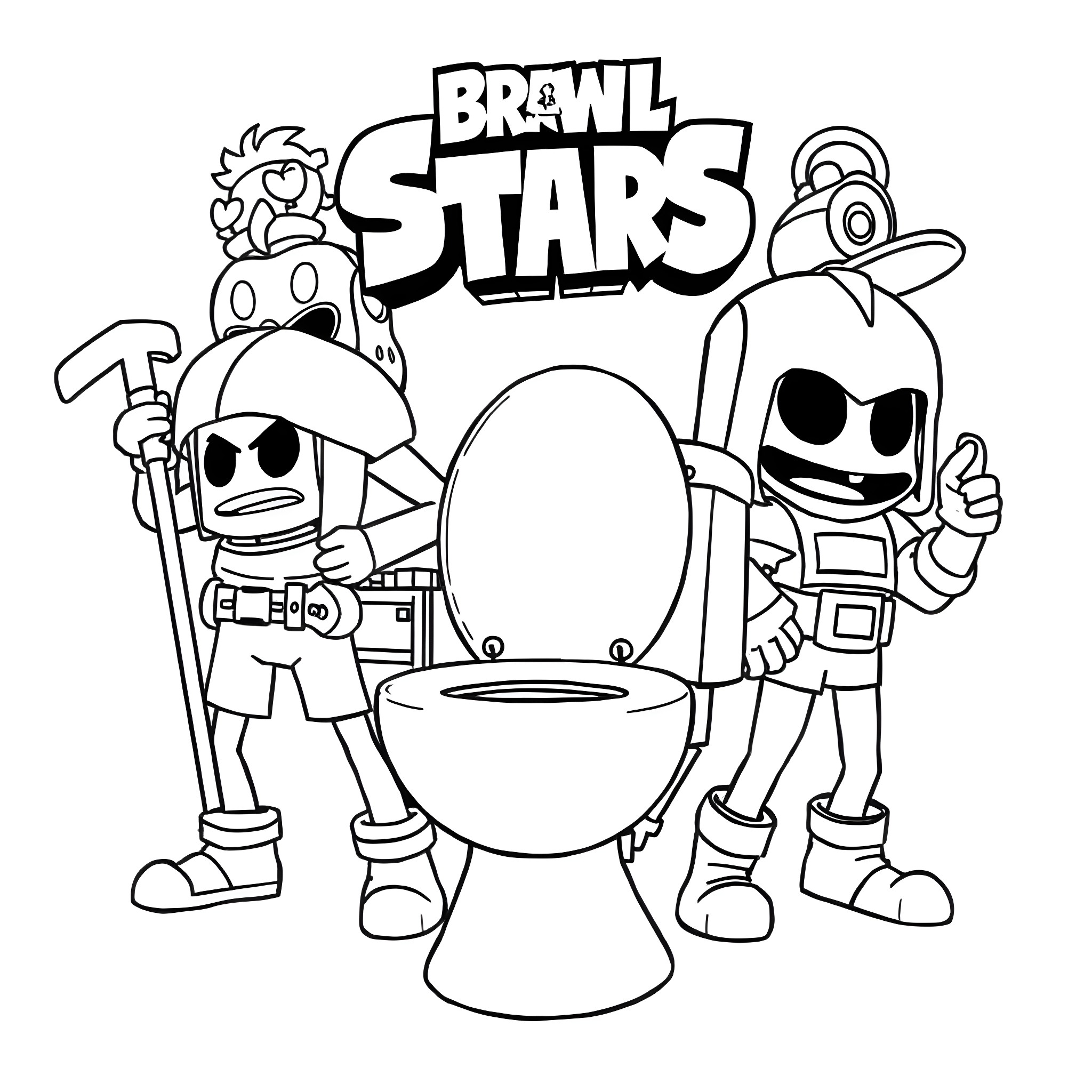 Skibidi Toilet: Brawl Stars Characters in a Silly Scenario Coloring Page (free black-and-white line drawing printable PDF for all, from beginners to advanced learners, including children, teens, adults, and seniors)