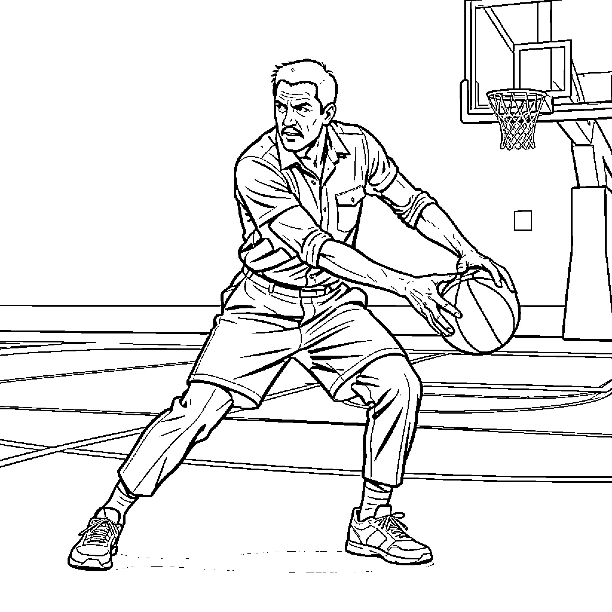 John Wick playing basketball with an intense expression Coloring Page (free black-and-white line drawing printable PDF for all, from beginners to advanced learners, including children, teens, adults, and seniors)