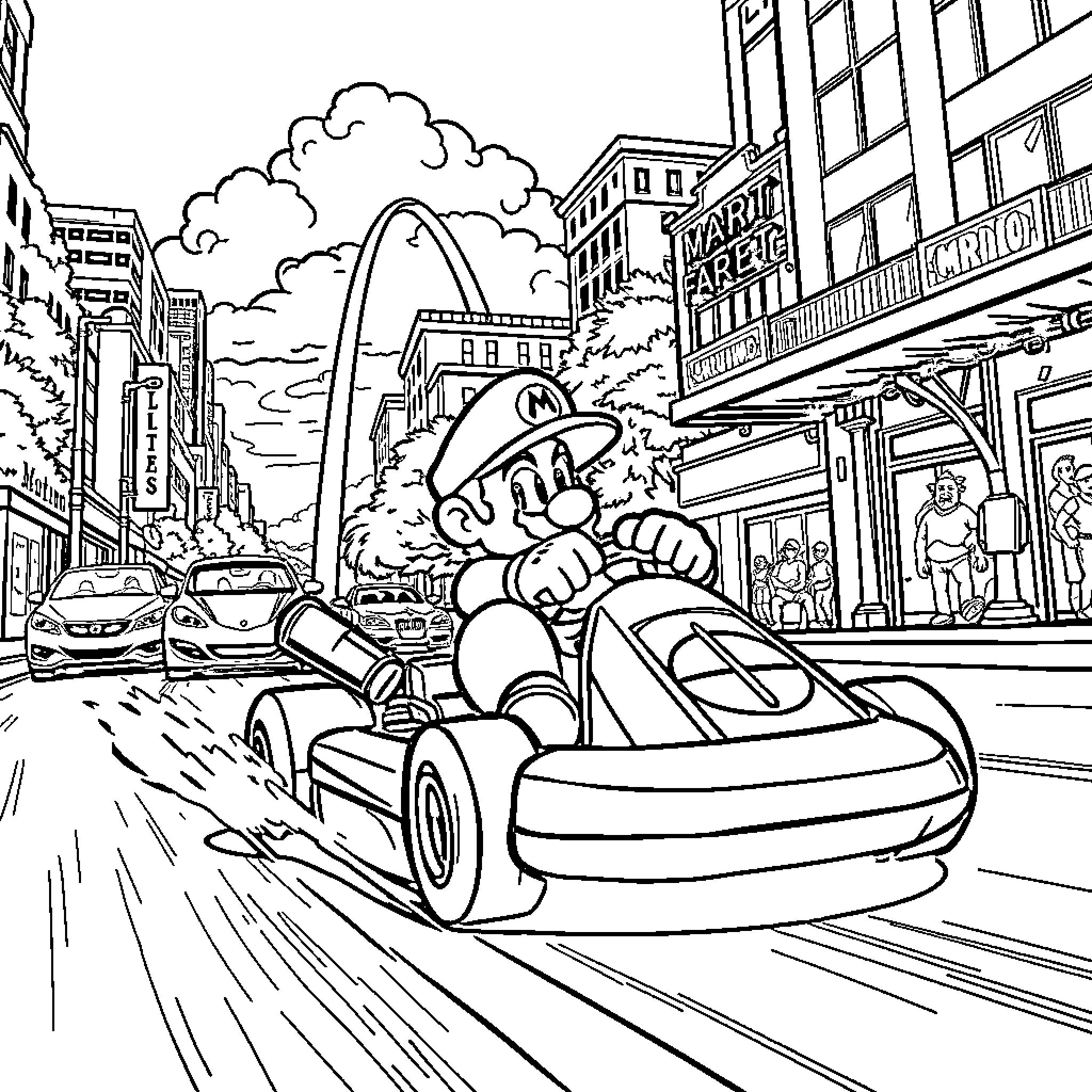 Mario Kart racing through the city Coloring Page (free black-and-white line drawing printable PDF for all, from beginners to advanced learners, including children, teens, adults, and seniors)