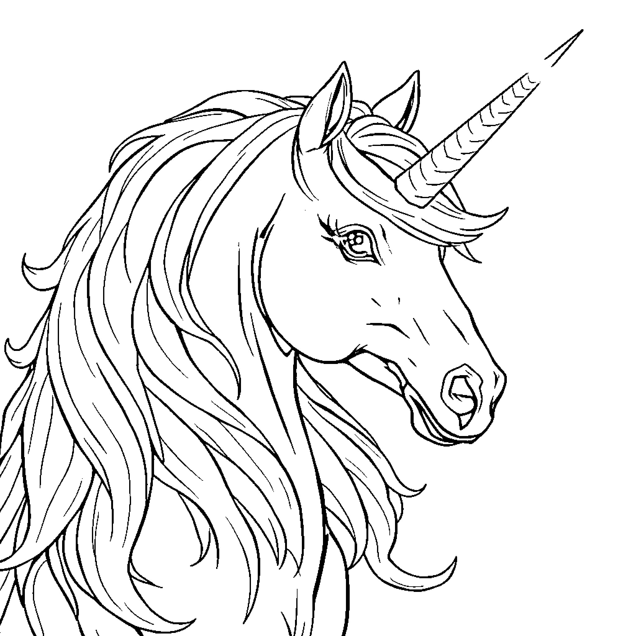 Unicorn with Flowing Mane and Horn Coloring Page (free black-and-white line drawing printable PDF for all, from beginners to advanced learners, including children, teens, adults, and seniors)