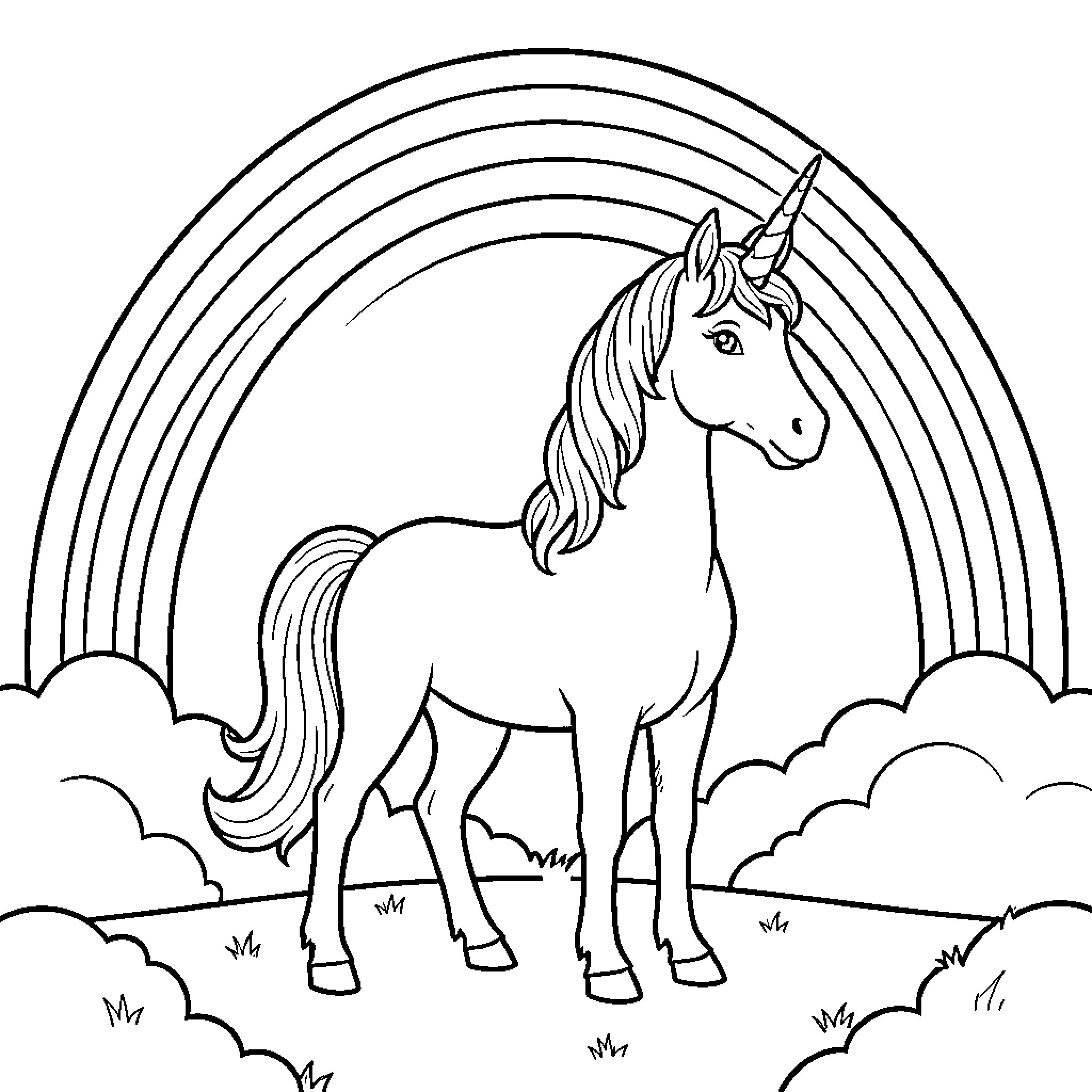 Unicorn standing majestically under a large rainbow Coloring Page (free black-and-white line drawing printable PDF for all, from beginners to advanced learners, including children, teens, adults, and seniors)