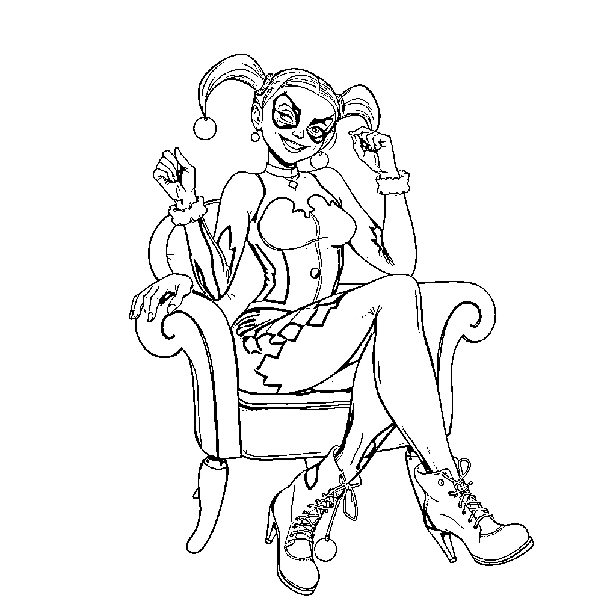Harley Quinn posing playfully in an armchair Coloring Page (free black-and-white line drawing printable PDF for all, from beginners to advanced learners, including children, teens, adults, and seniors)