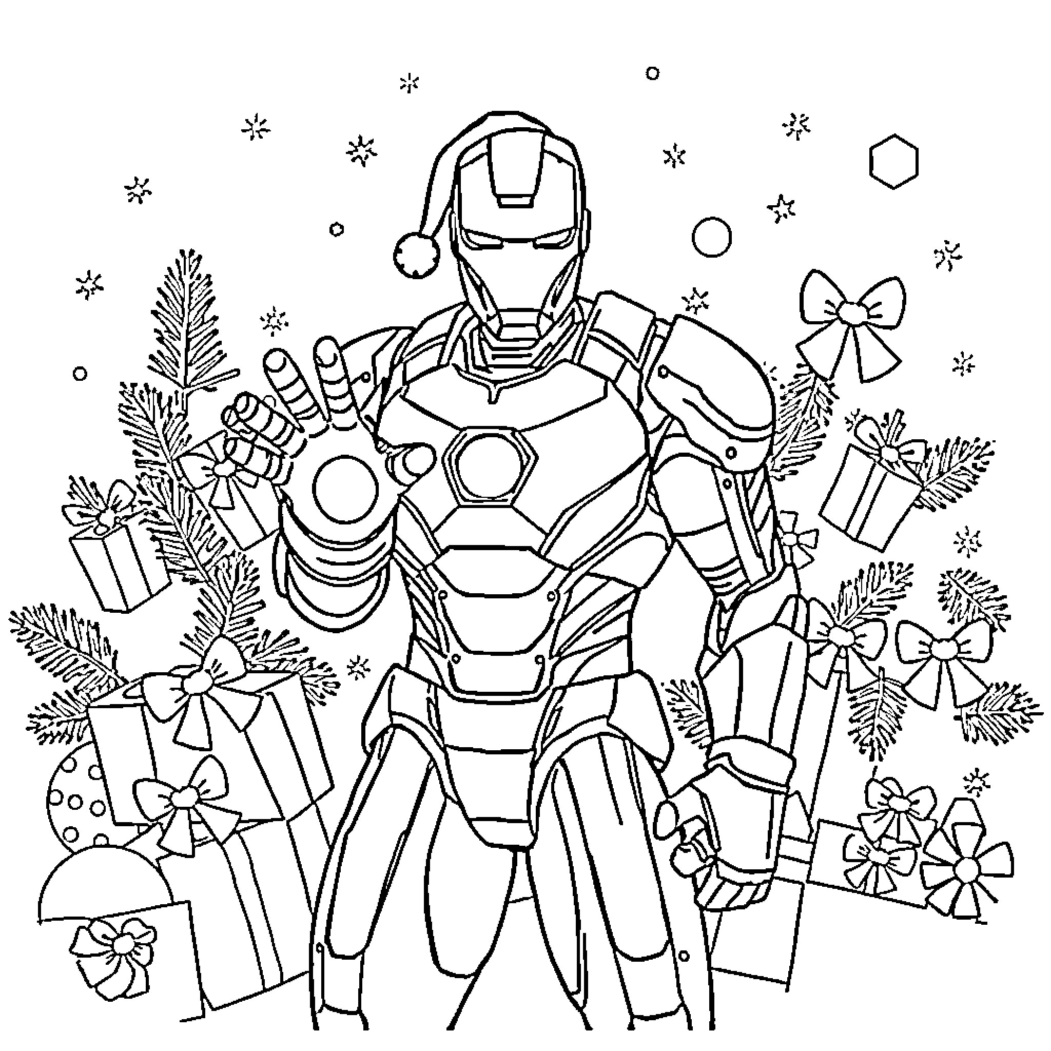 Ironman celebrating the holidays with gifts and decorations Coloring Page (free black-and-white line drawing printable PDF for all, from beginners to advanced learners, including children, teens, adults, and seniors)