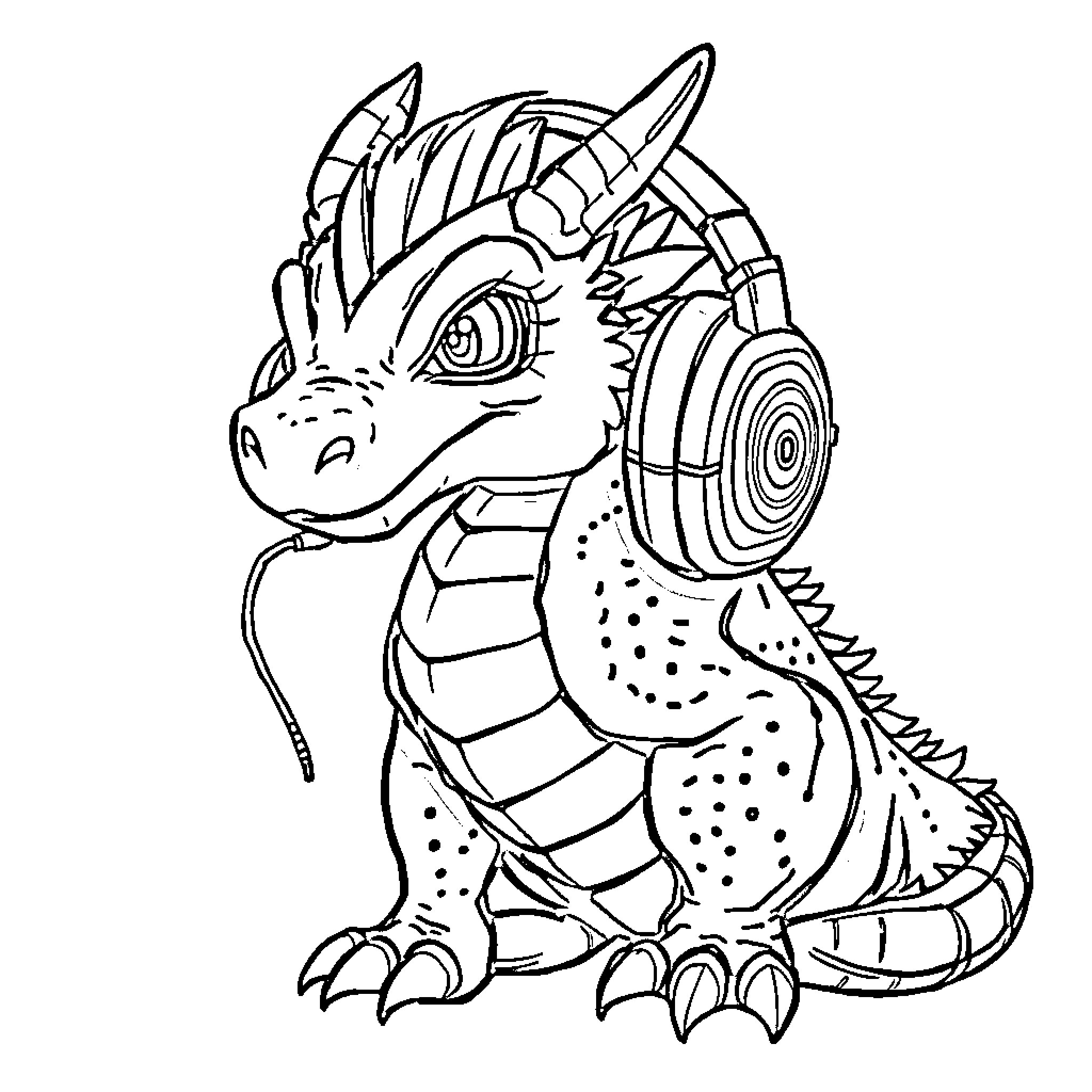 Dragon with Headphones Listening to Music Coloring Page (free black-and-white line drawing printable PDF for all, from beginners to advanced learners, including children, teens, adults, and seniors)