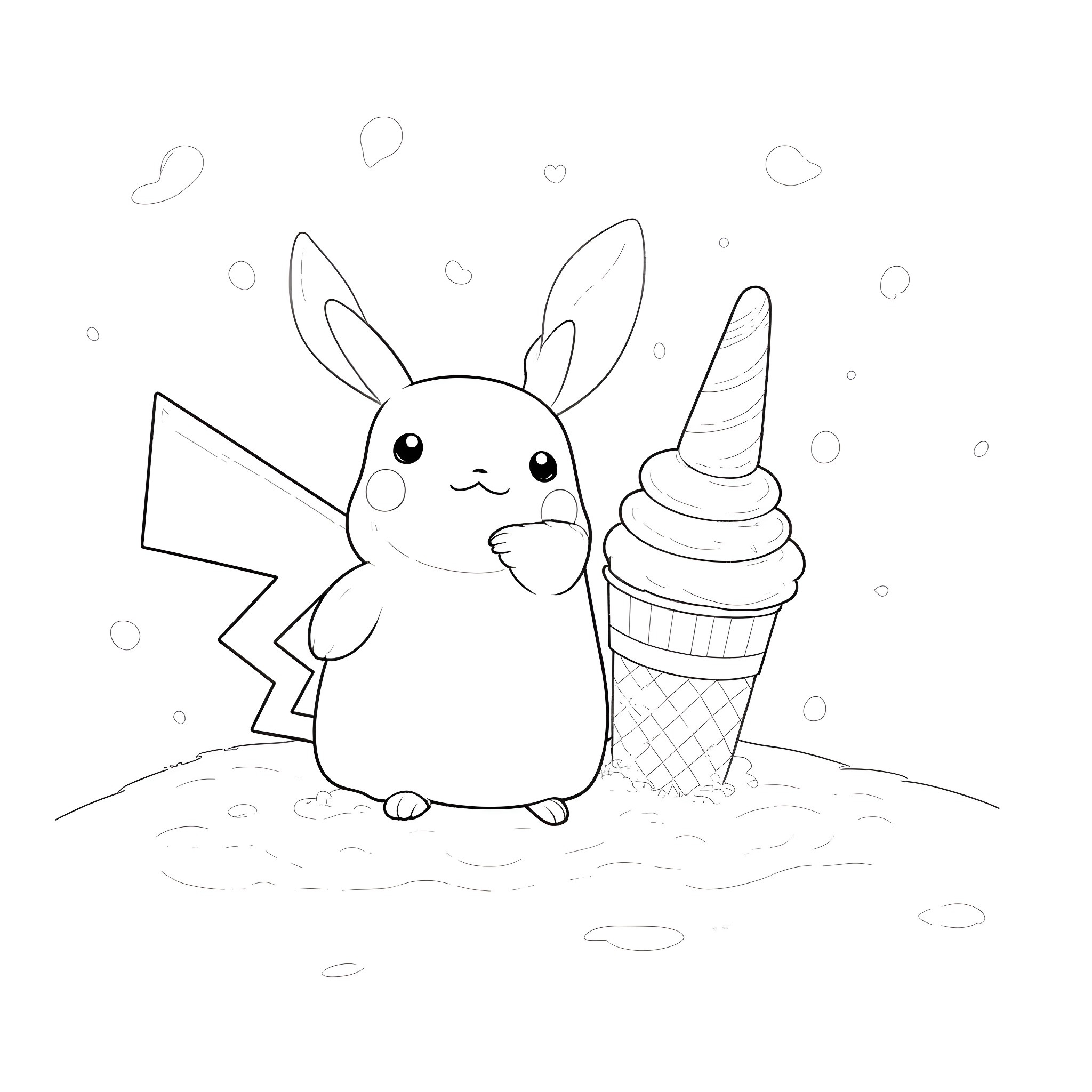 Pikachu enjoying a tasty ice cream cone Coloring Page (free black-and-white line drawing printable PDF for all, from beginners to advanced learners, including children, teens, adults, and seniors)