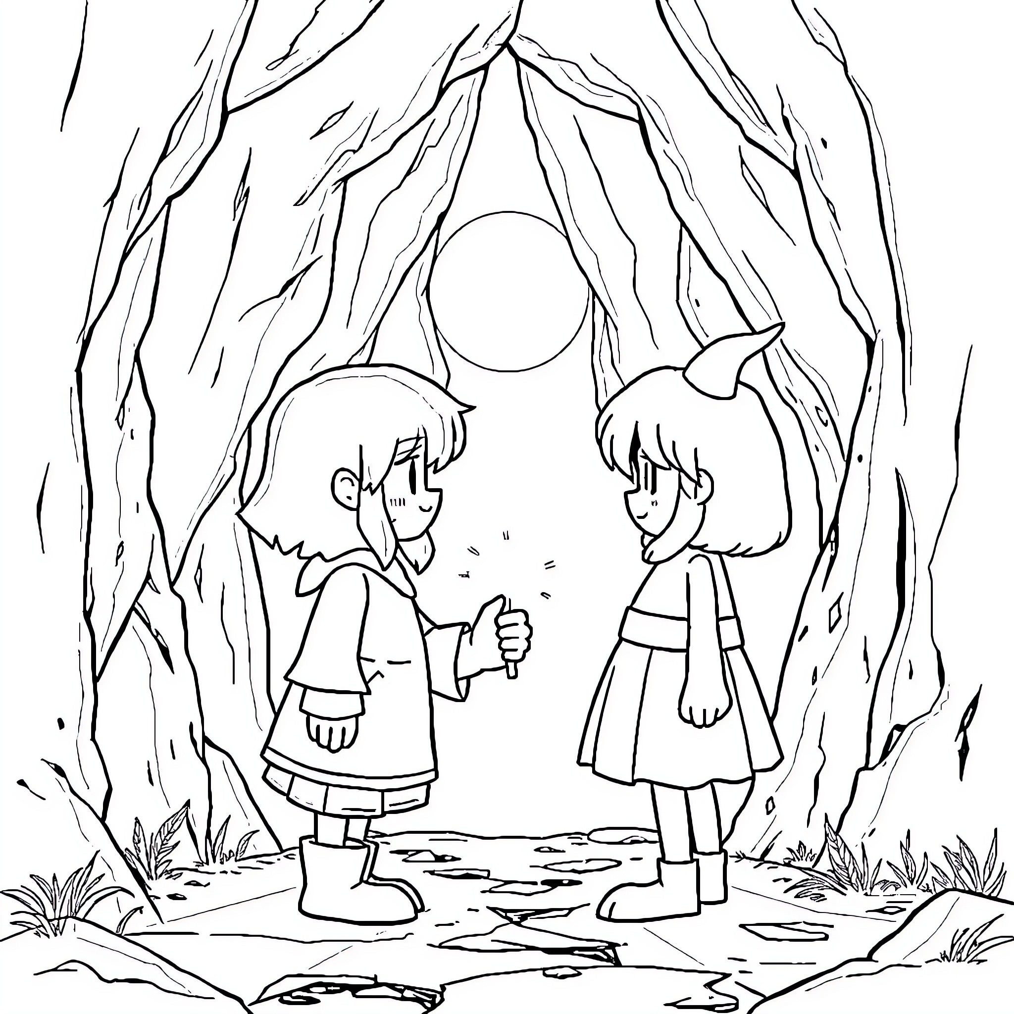Sans friends exploring mysterious forest trail Coloring Page (free black-and-white line drawing printable PDF for all, from beginners to advanced learners, including children, teens, adults, and seniors)