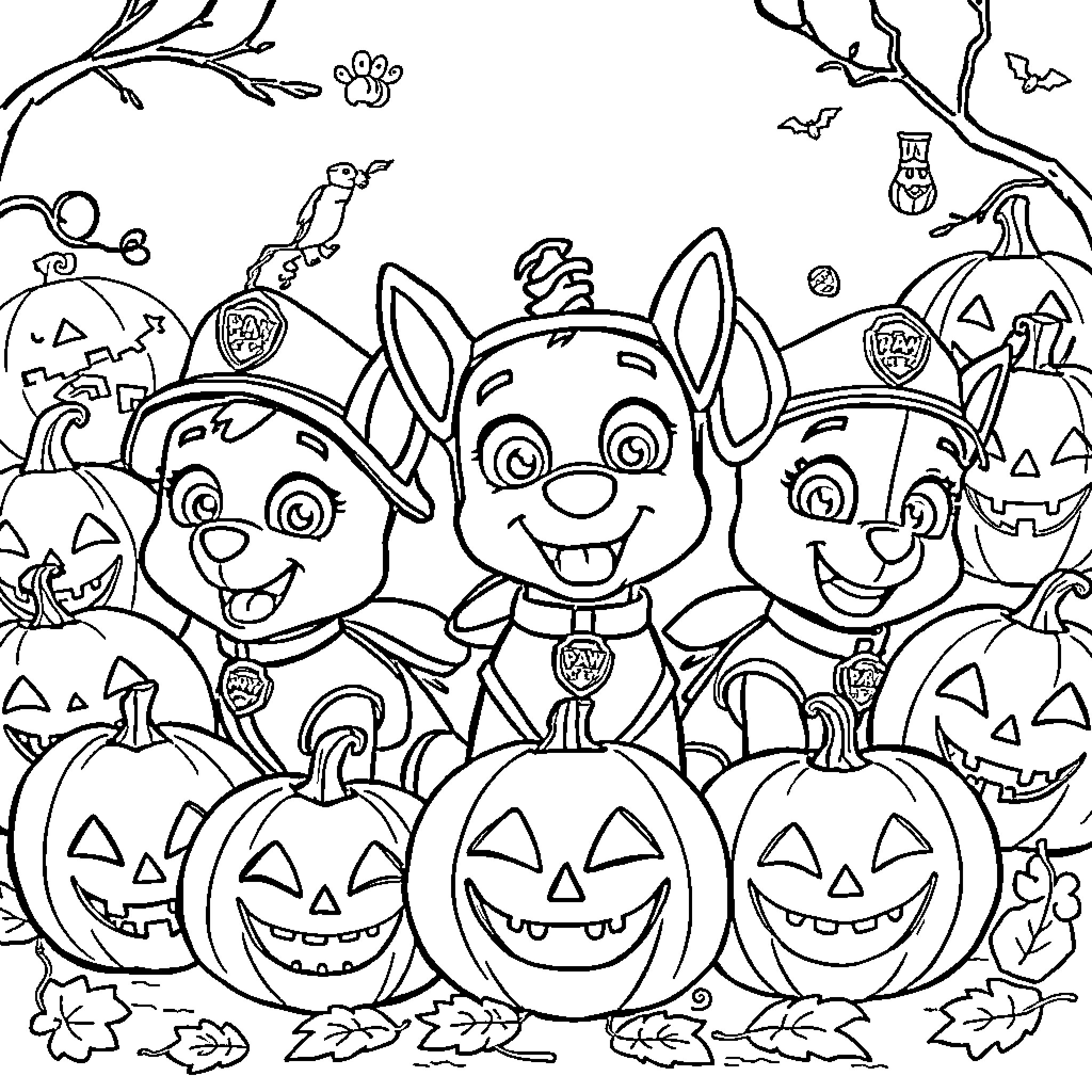 Paw Patrol Halloween Party with Pumpkins and Decorations Coloring Page (free black-and-white line drawing printable PDF for all, from beginners to advanced learners, including children, teens, adults, and seniors)