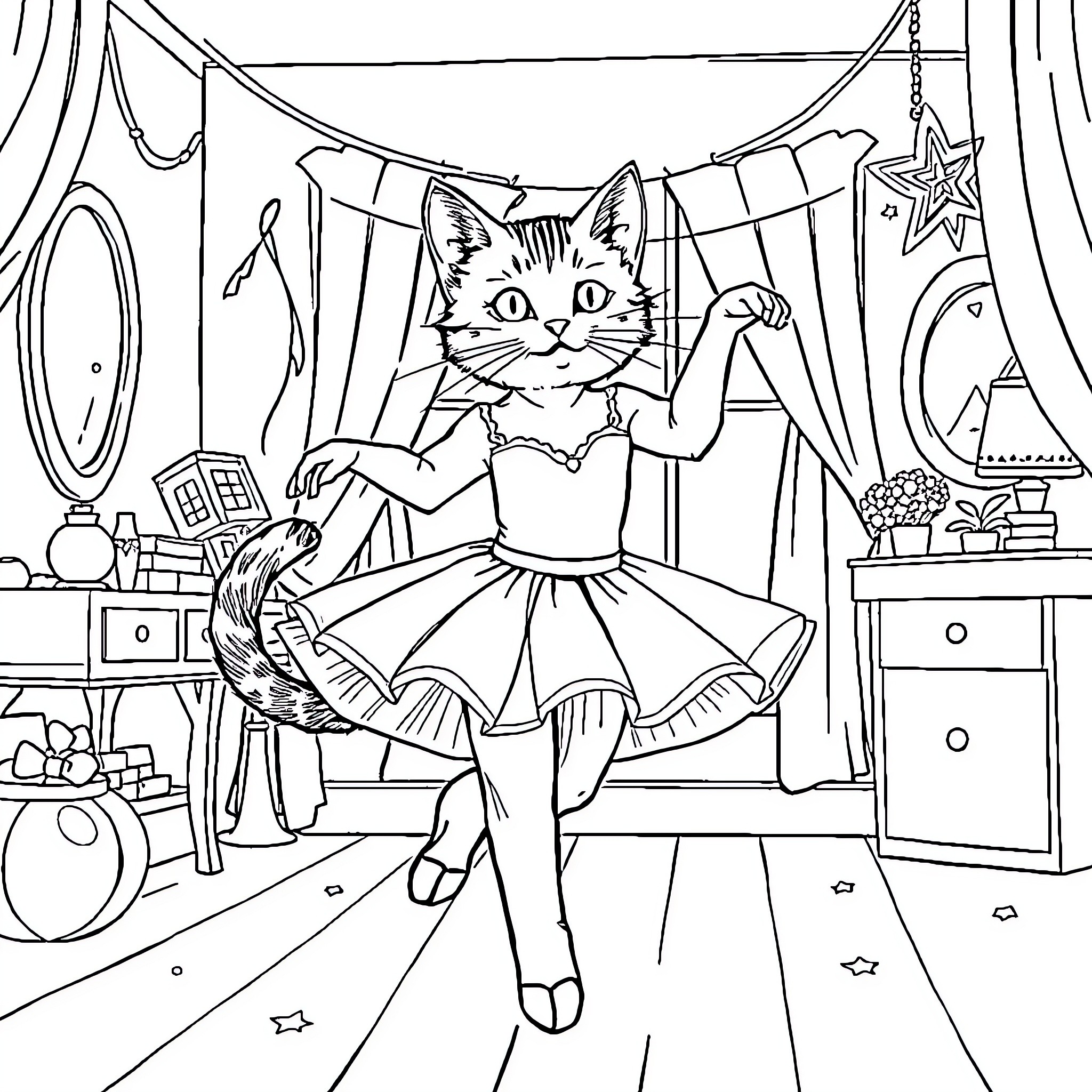 Cat dressed in fancy costume in magical bedroom Coloring Page (free black-and-white line drawing printable PDF for all, from beginners to advanced learners, including children, teens, adults, and seniors)