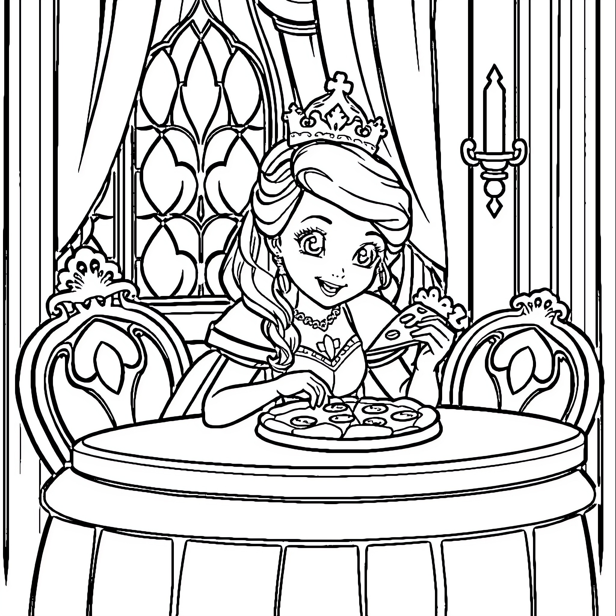 Princess Enjoying Afternoon Tea in Castle Dining Room Coloring Page (free black-and-white line drawing printable PDF for all, from beginners to advanced learners, including children, teens, adults, and seniors)