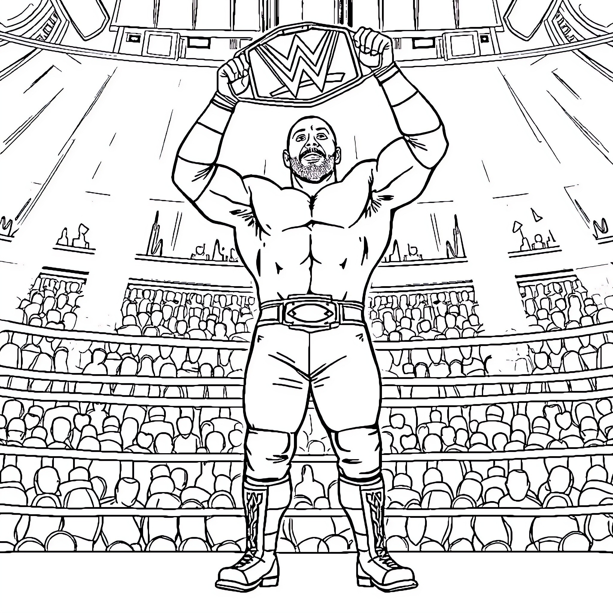 Wrestler Triumphs in the Arena of Champions Coloring Page (free black-and-white line drawing printable PDF for all, from beginners to advanced learners, including children, teens, adults, and seniors)