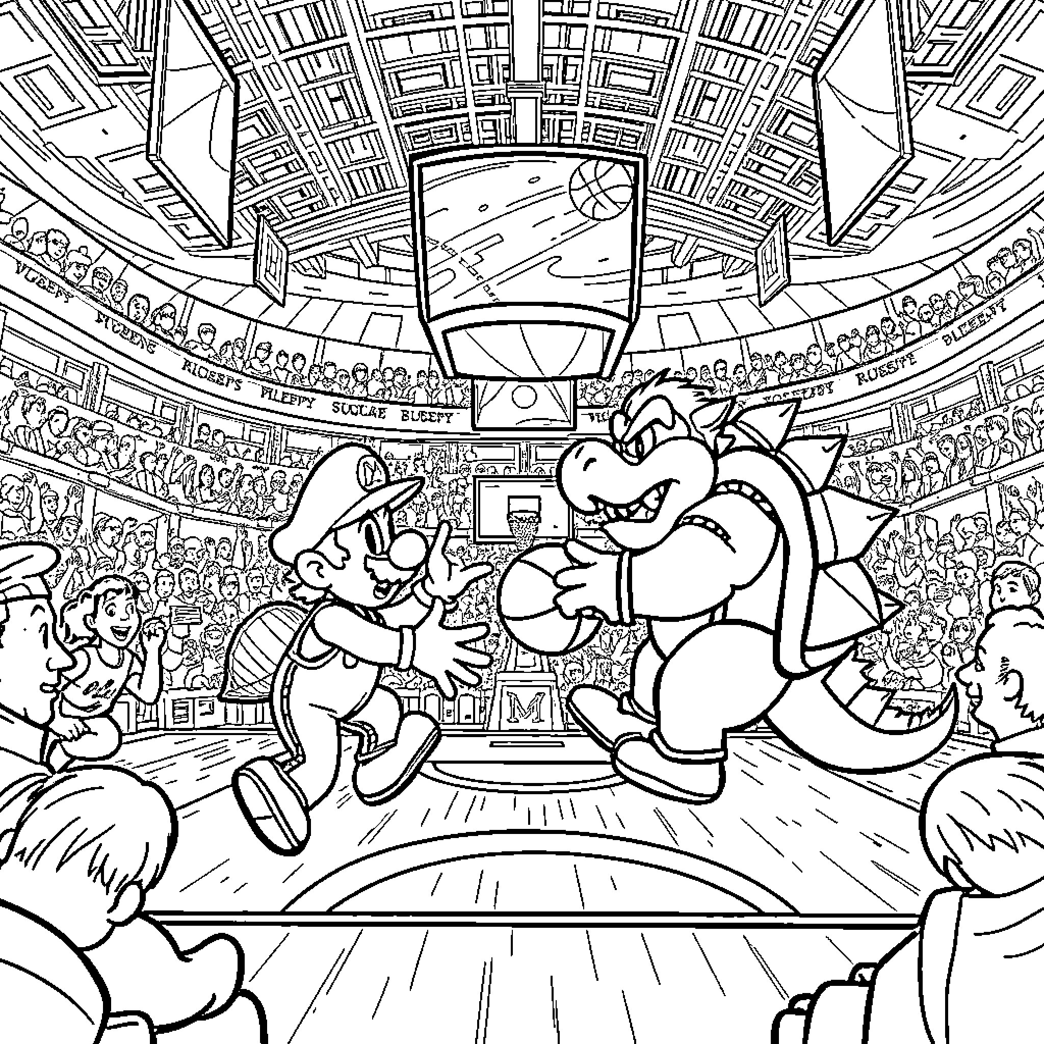 Mario Playing Basketball Animatedly in Stadium Coloring Page (free black-and-white line drawing printable PDF for all, from beginners to advanced learners, including children, teens, adults, and seniors)