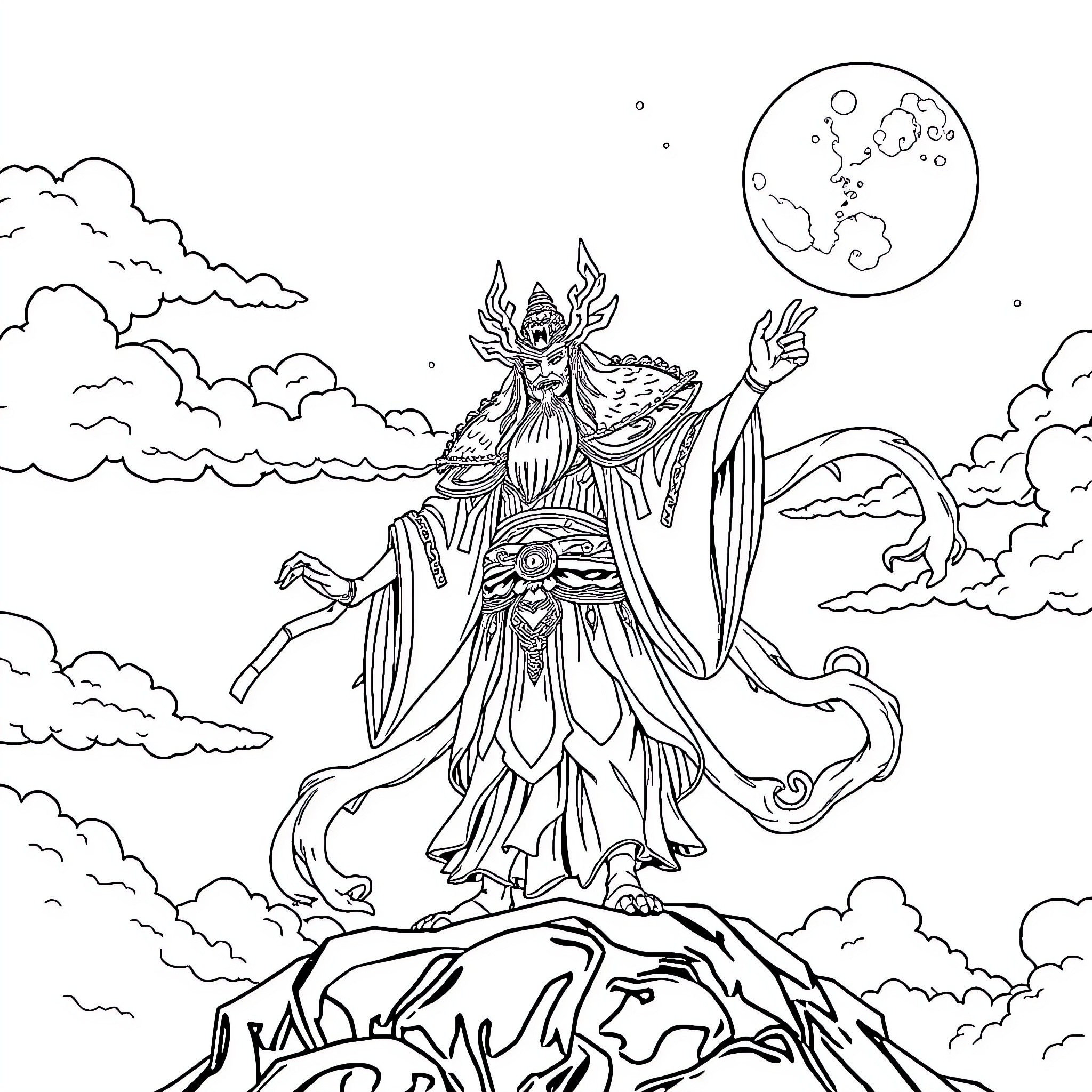 Tsukuyomi, the Celestial Deity Overlooking the Cosmos Coloring Page (free black-and-white line drawing printable PDF for all, from beginners to advanced learners, including children, teens, adults, and seniors)