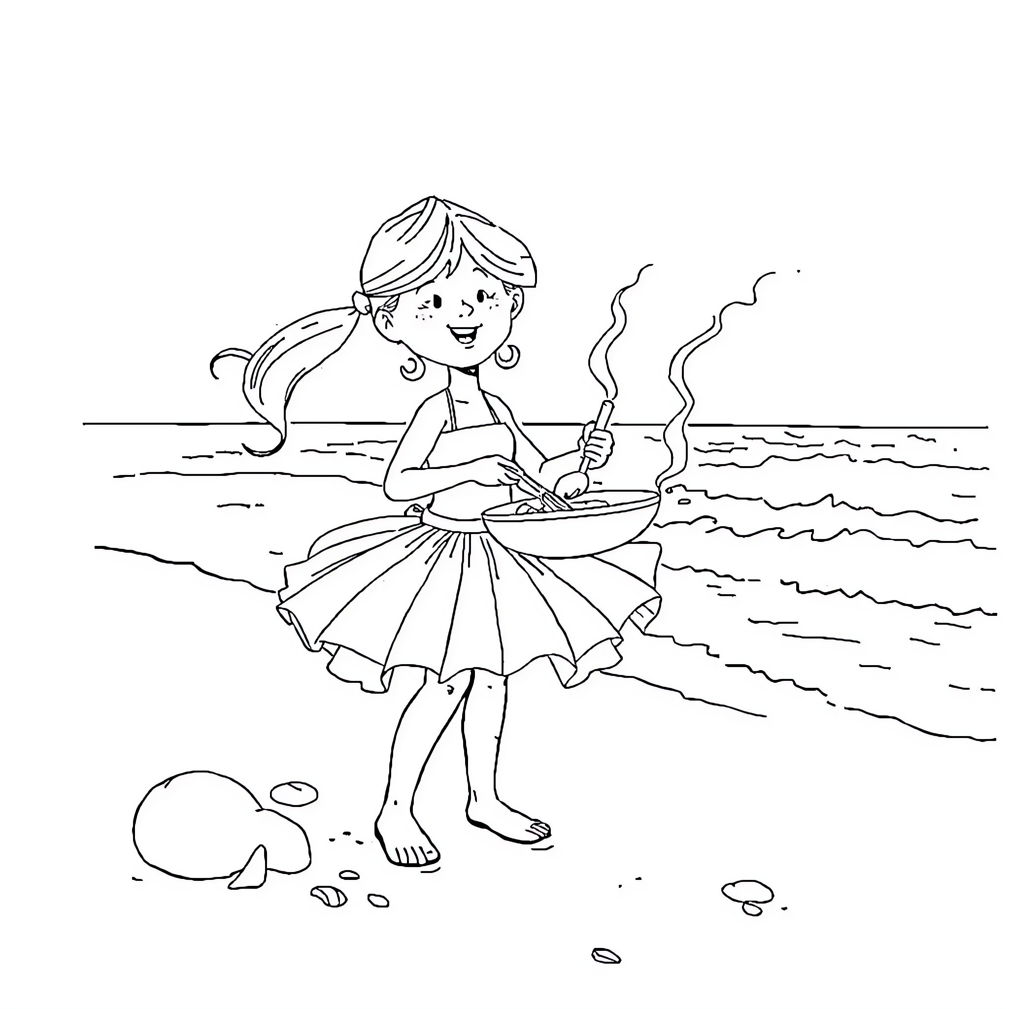 Cook preparing seafood on the beach Coloring Page (free black-and-white line drawing printable PDF for all, from beginners to advanced learners, including children, teens, adults, and seniors)