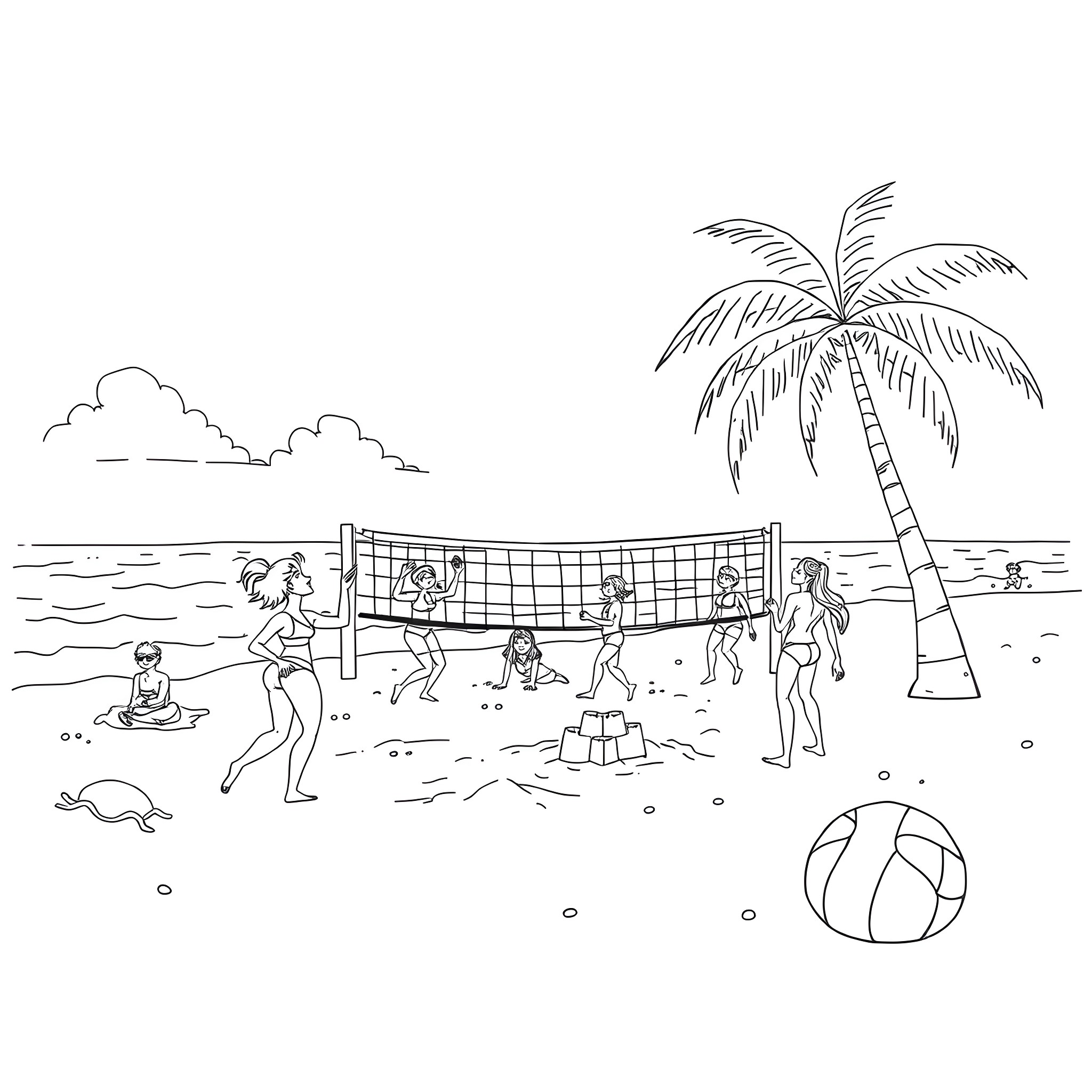 Anime group playing beach volleyball under palm trees Coloring Page (free black-and-white line drawing printable PDF for all, from beginners to advanced learners, including children, teens, adults, and seniors)