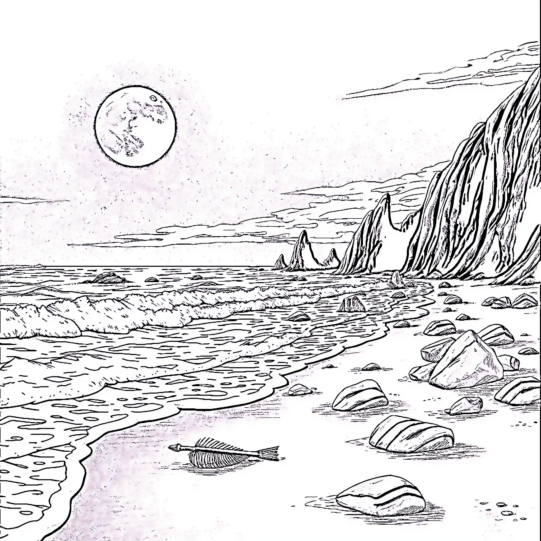 Vampire's Moonlit Seascape with Ominous Cliffs Coloring Page (free black-and-white line drawing printable PDF for all, from beginners to advanced learners, including children, teens, adults, and seniors)