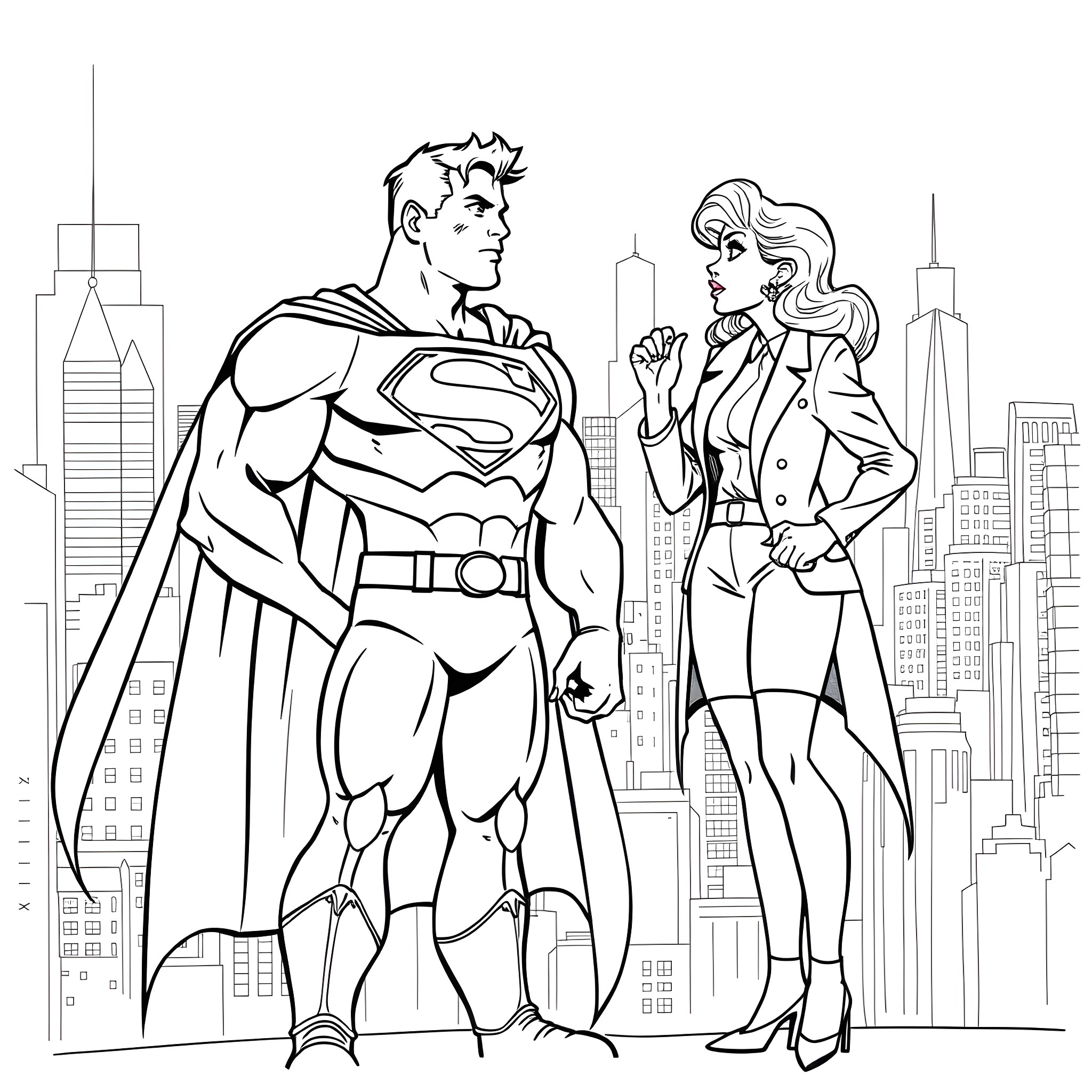 Superman and Superwoman in the city Coloring Page (free black-and-white line drawing printable PDF for all, from beginners to advanced learners, including children, teens, adults, and seniors)