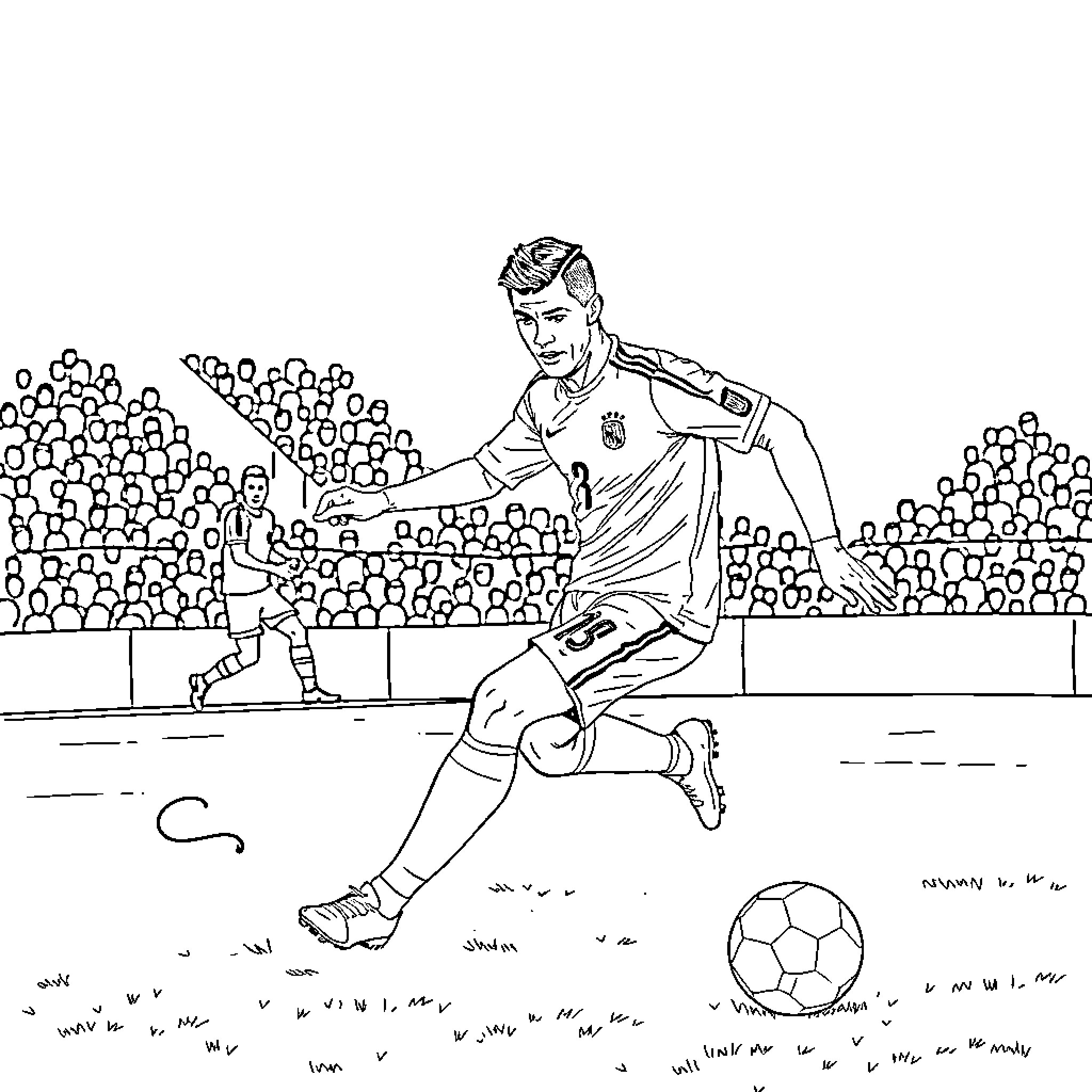 Ronaldo dribbling the ball on the field Coloring Page (free black-and-white line drawing printable PDF for all, from beginners to advanced learners, including children, teens, adults, and seniors)