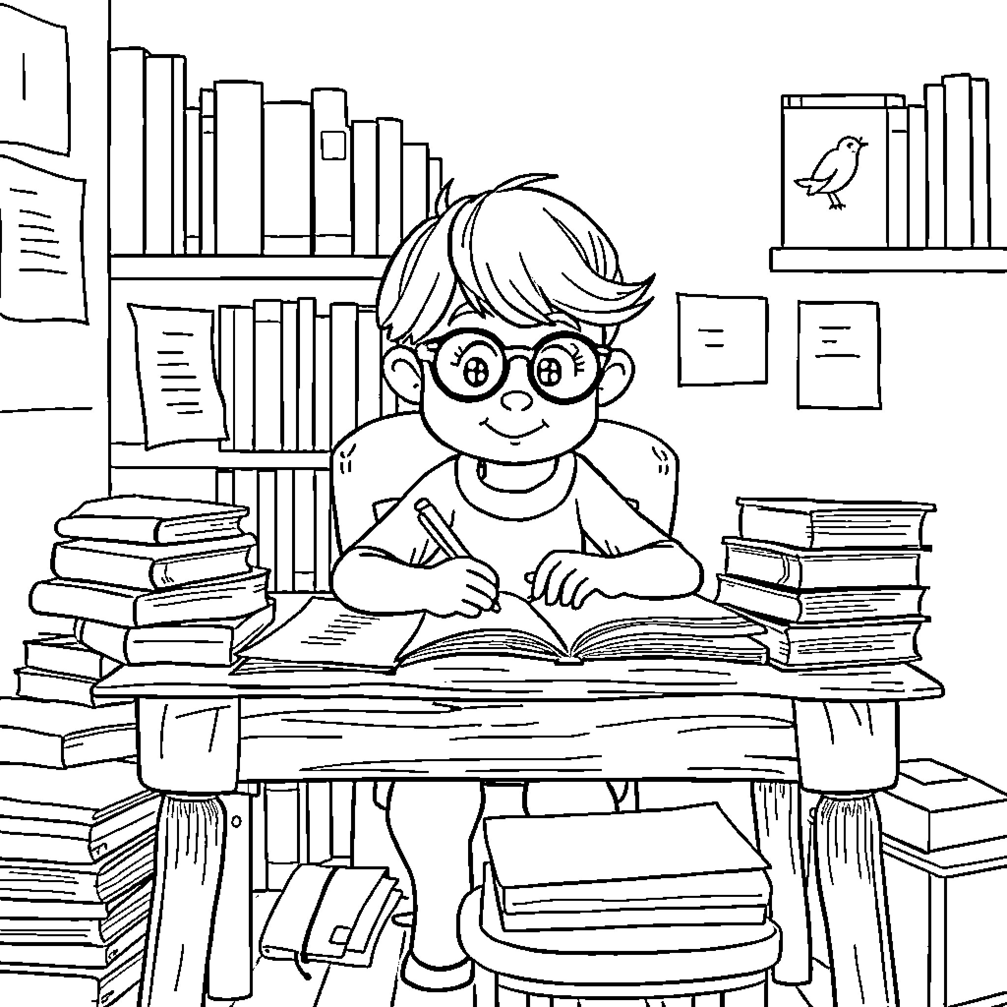 Tralalero Boy Reading Intently in Library Coloring Page (free black-and-white line drawing printable PDF for all, from beginners to advanced learners, including children, teens, adults, and seniors)