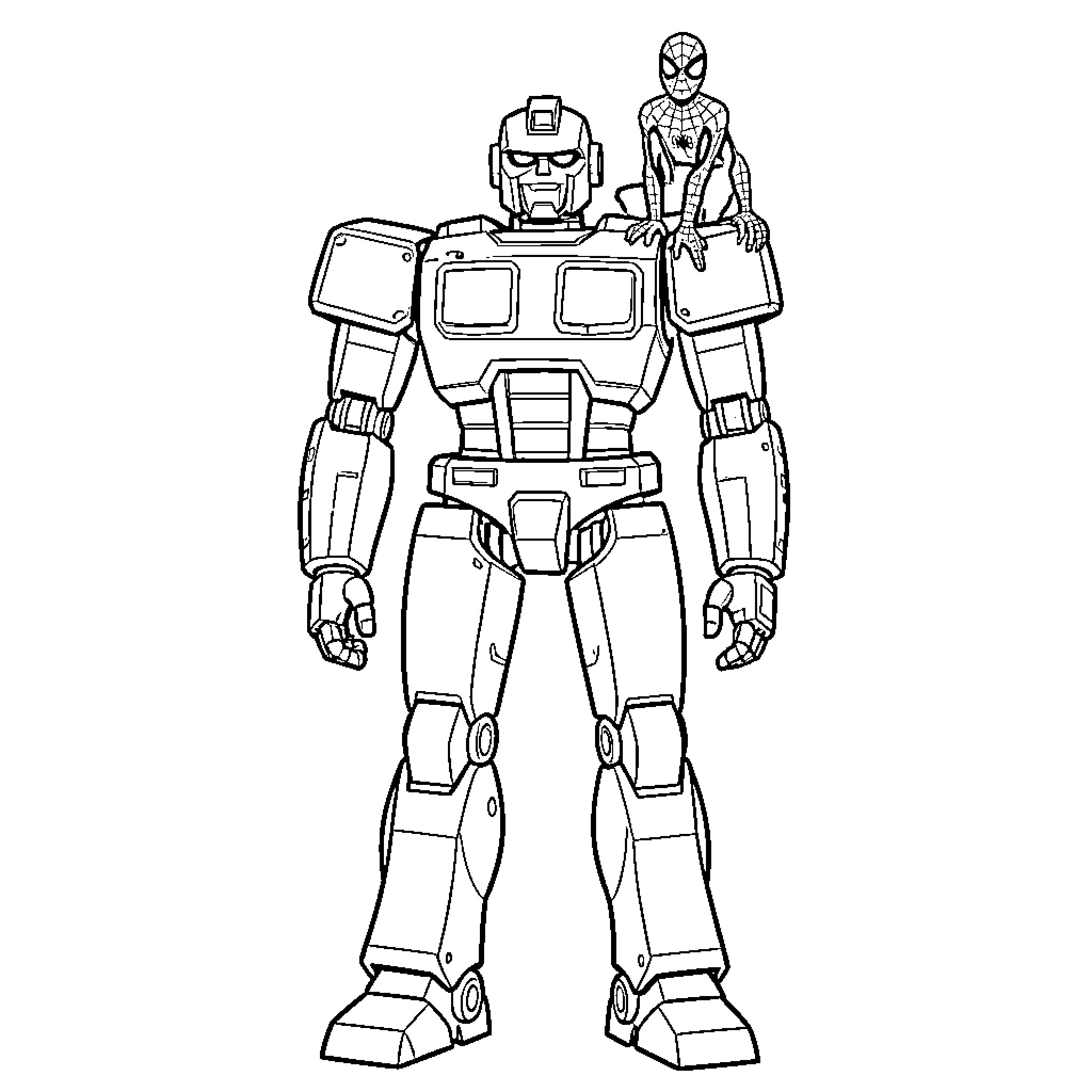 Robot standing still with a superhero on its shoulder Coloring Page (free black-and-white line drawing printable PDF for all, from beginners to advanced learners, including children, teens, adults, and seniors)