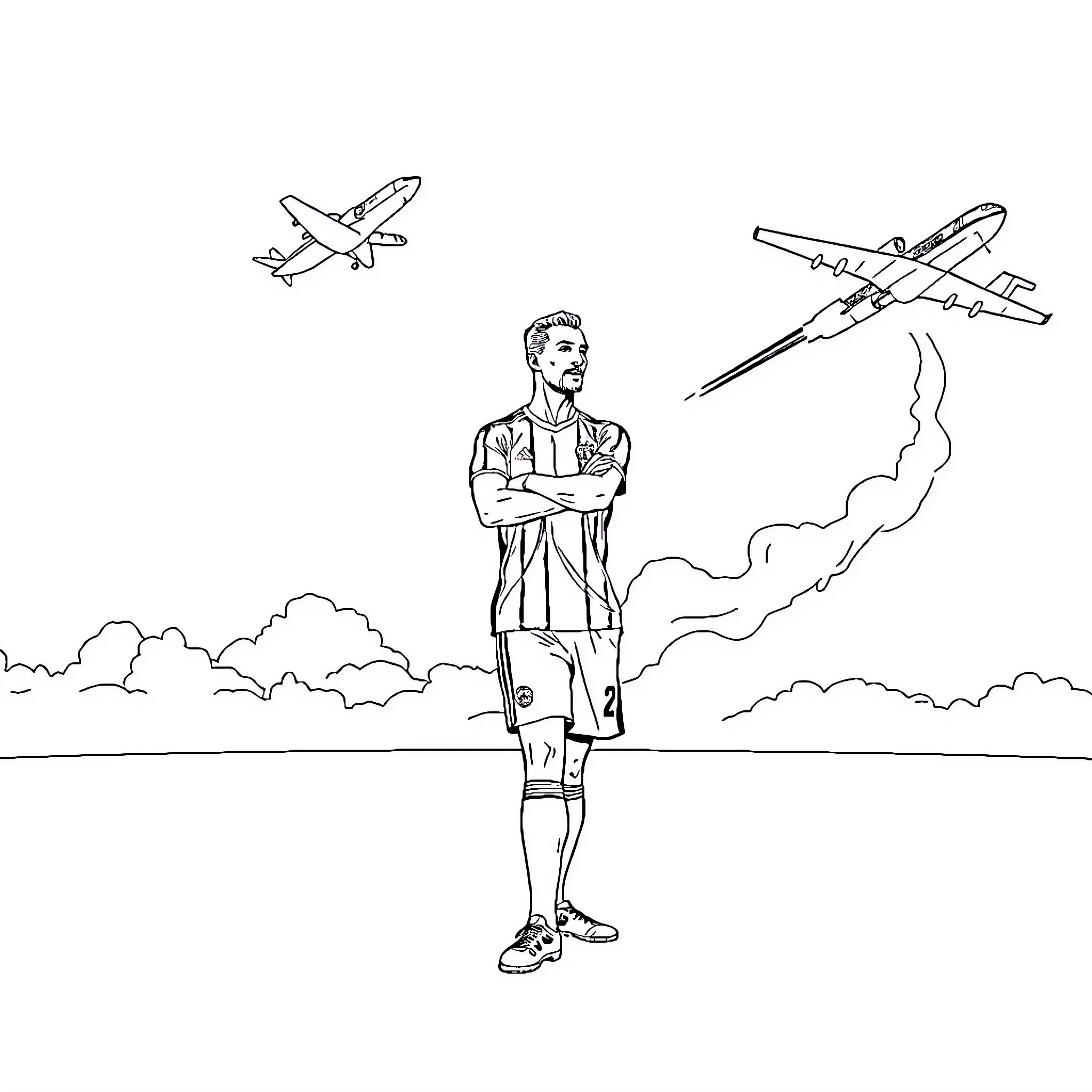 Airplane pilots and aircraft in the sky Coloring Page (free black-and-white line drawing printable PDF for all, from beginners to advanced learners, including children, teens, adults, and seniors)