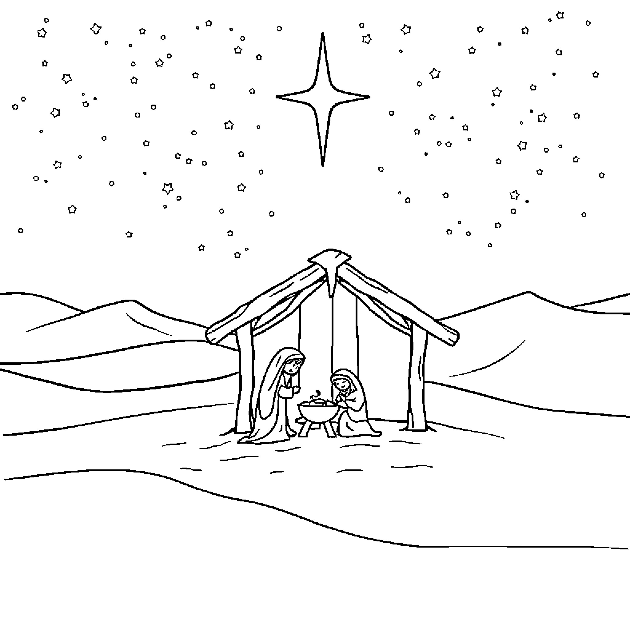 Nativity scene with figures in a manger under a starry sky Coloring Page (free black-and-white line drawing printable PDF for all, from beginners to advanced learners, including children, teens, adults, and seniors)