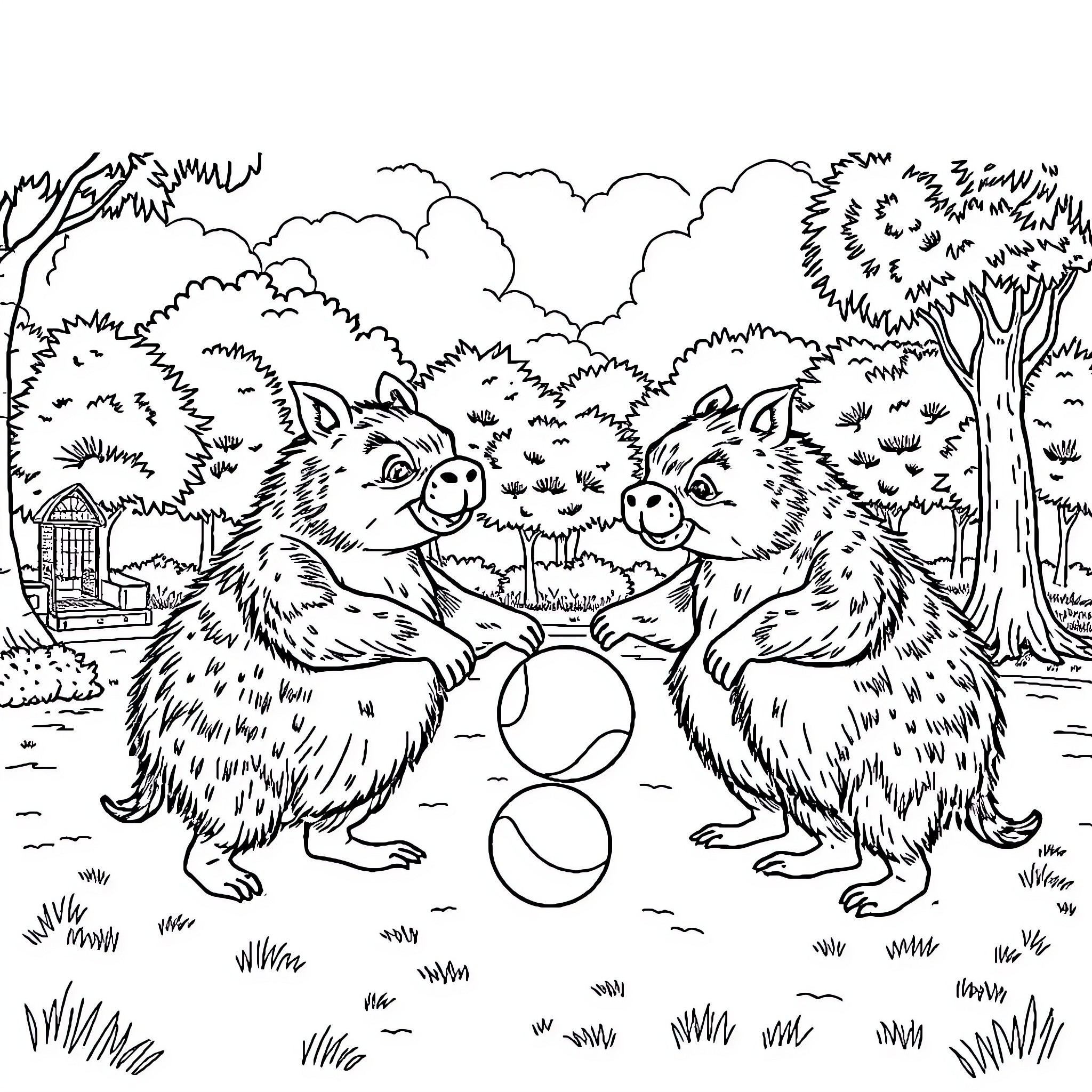 Capybara friends playing together in the park Coloring Page (free black-and-white line drawing printable PDF for all, from beginners to advanced learners, including children, teens, adults, and seniors)
