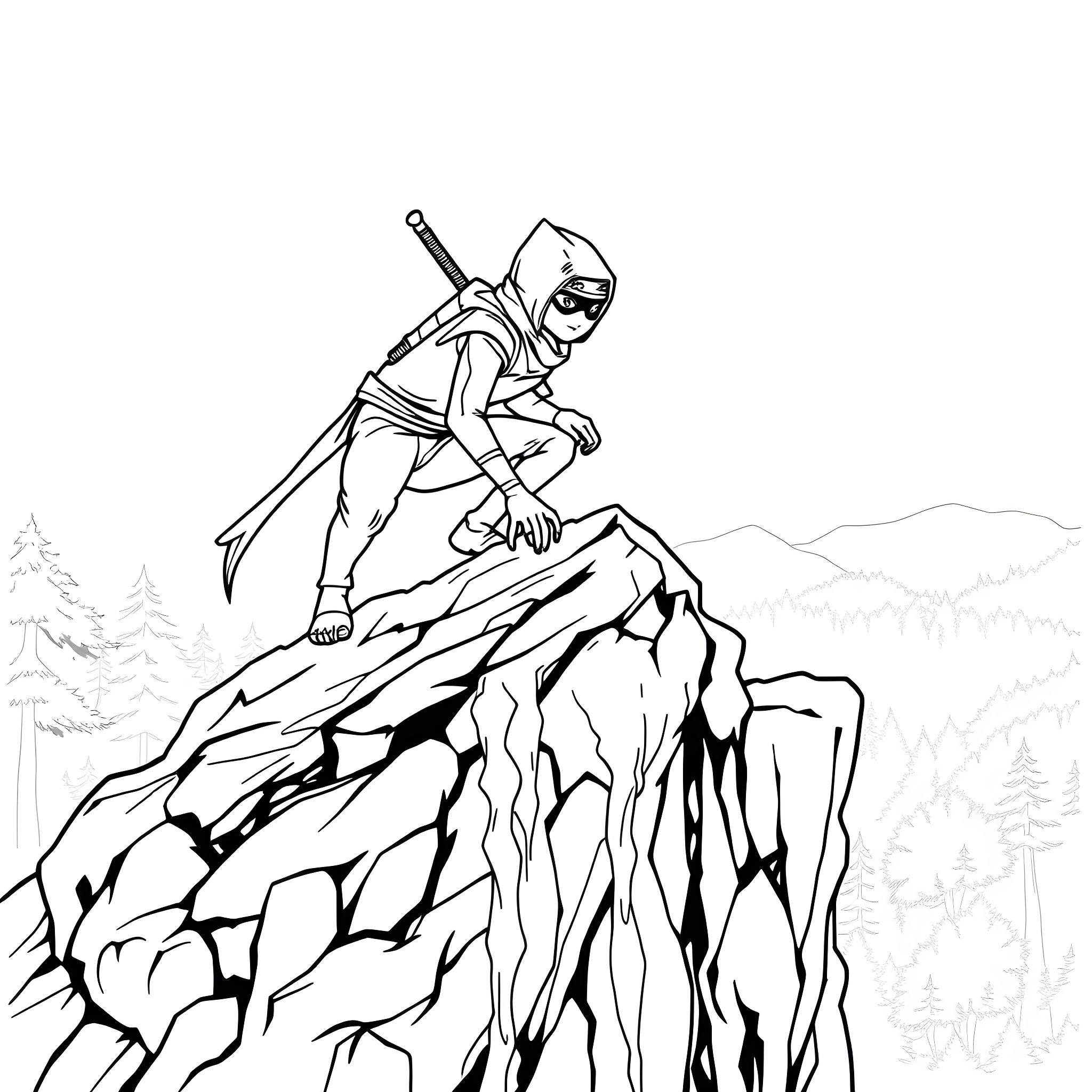 Greyninja warrior climbing the rocky mountain Coloring Page (free black-and-white line drawing printable PDF for all, from beginners to advanced learners, including children, teens, adults, and seniors)