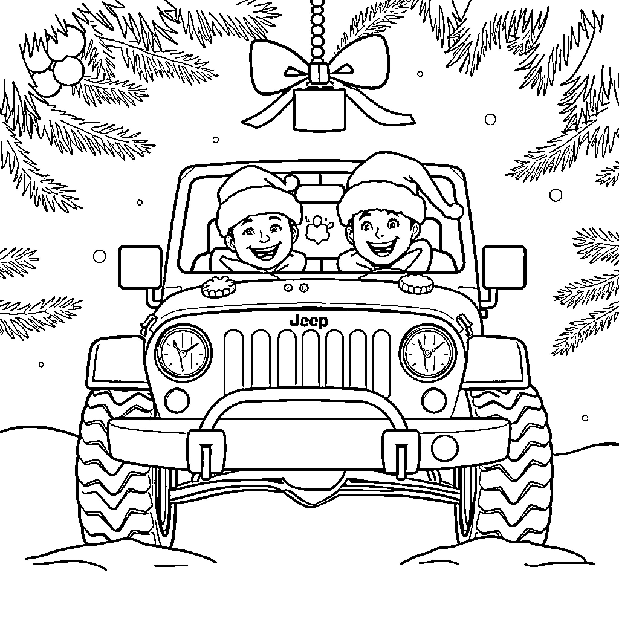 Couple in Christmas-themed Jeep Coloring Page (free black-and-white line drawing printable PDF for all, from beginners to advanced learners, including children, teens, adults, and seniors)