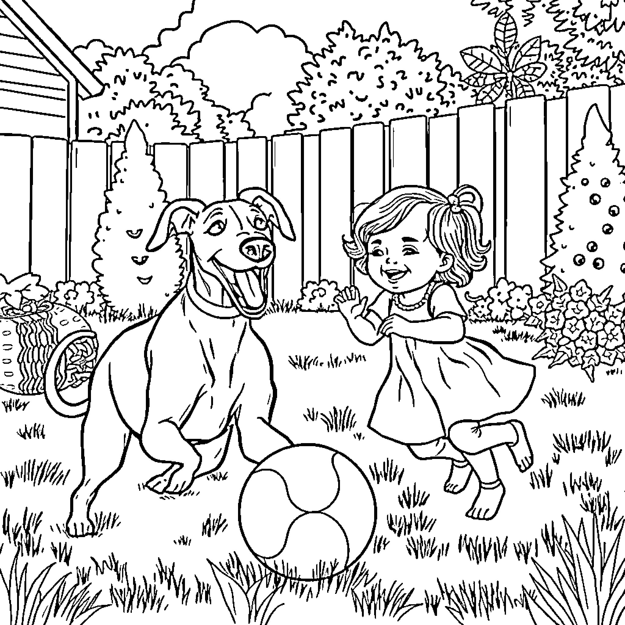 Greyhound and child playing in the backyard Coloring Page (free black-and-white line drawing printable PDF for all, from beginners to advanced learners, including children, teens, adults, and seniors)
