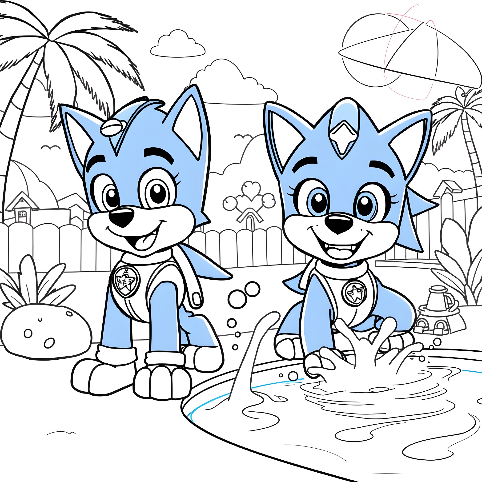 Bluey and Bingo playing at the beach Coloring Page (free black-and-white line drawing printable PDF for all, from beginners to advanced learners, including children, teens, adults, and seniors)