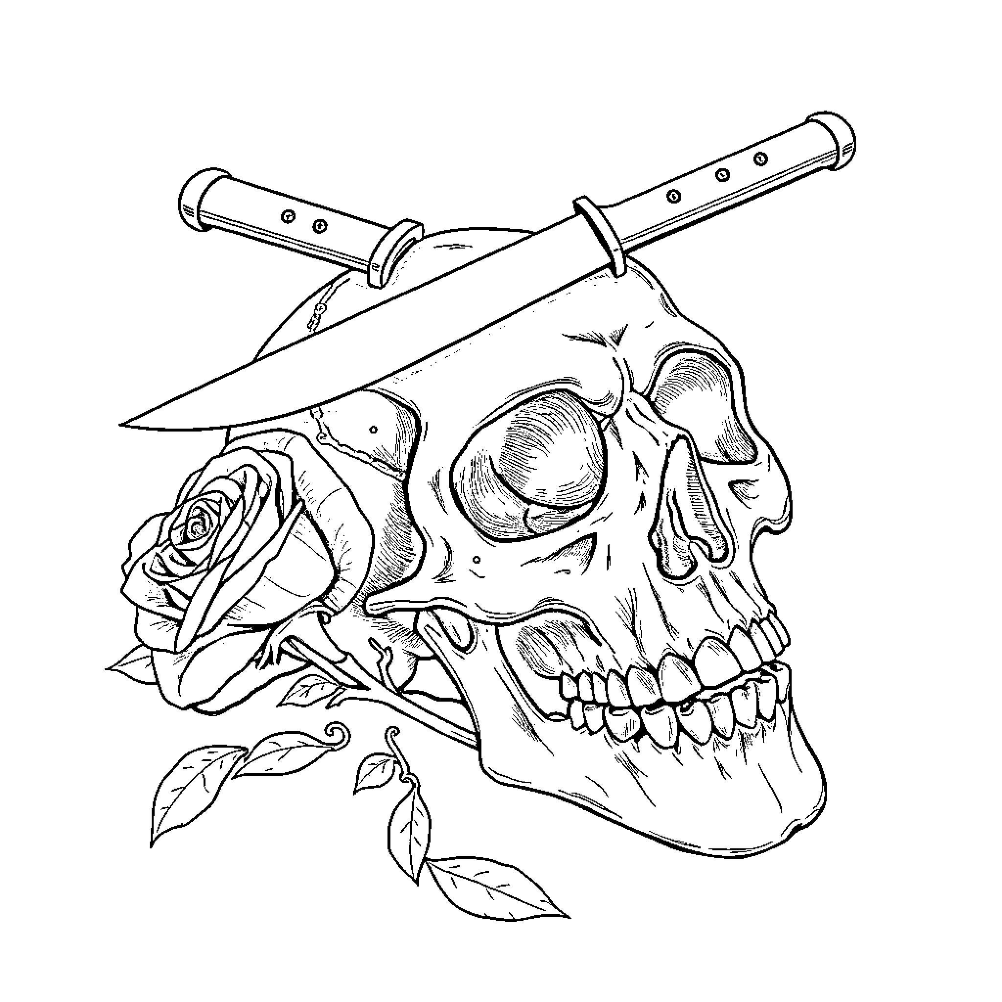 Skull with dagger and rose Coloring Page (free black-and-white line drawing printable PDF for all, from beginners to advanced learners, including children, teens, adults, and seniors)