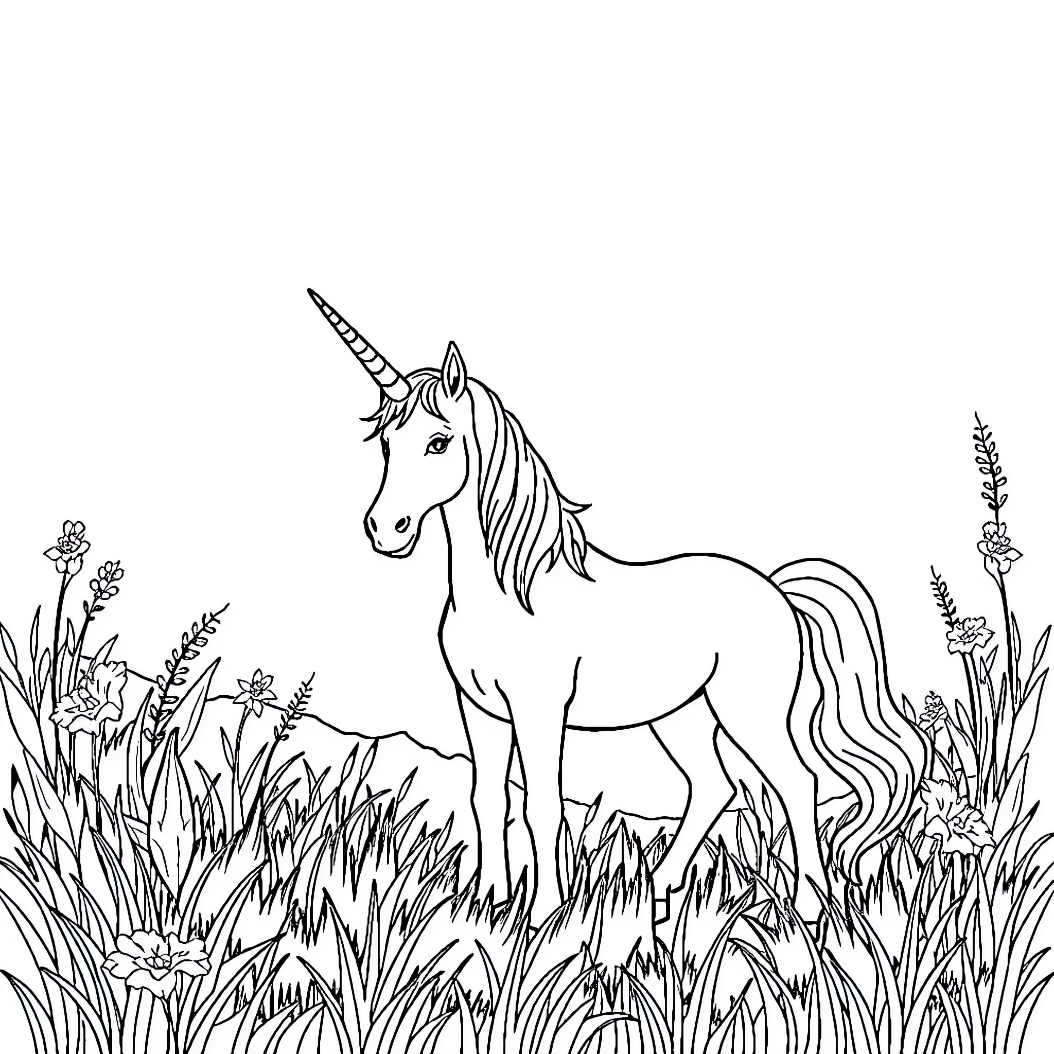 Unicorn standing in a meadow surrounded by flowers Coloring Page (free black-and-white line drawing printable PDF for all, from beginners to advanced learners, including children, teens, adults, and seniors)