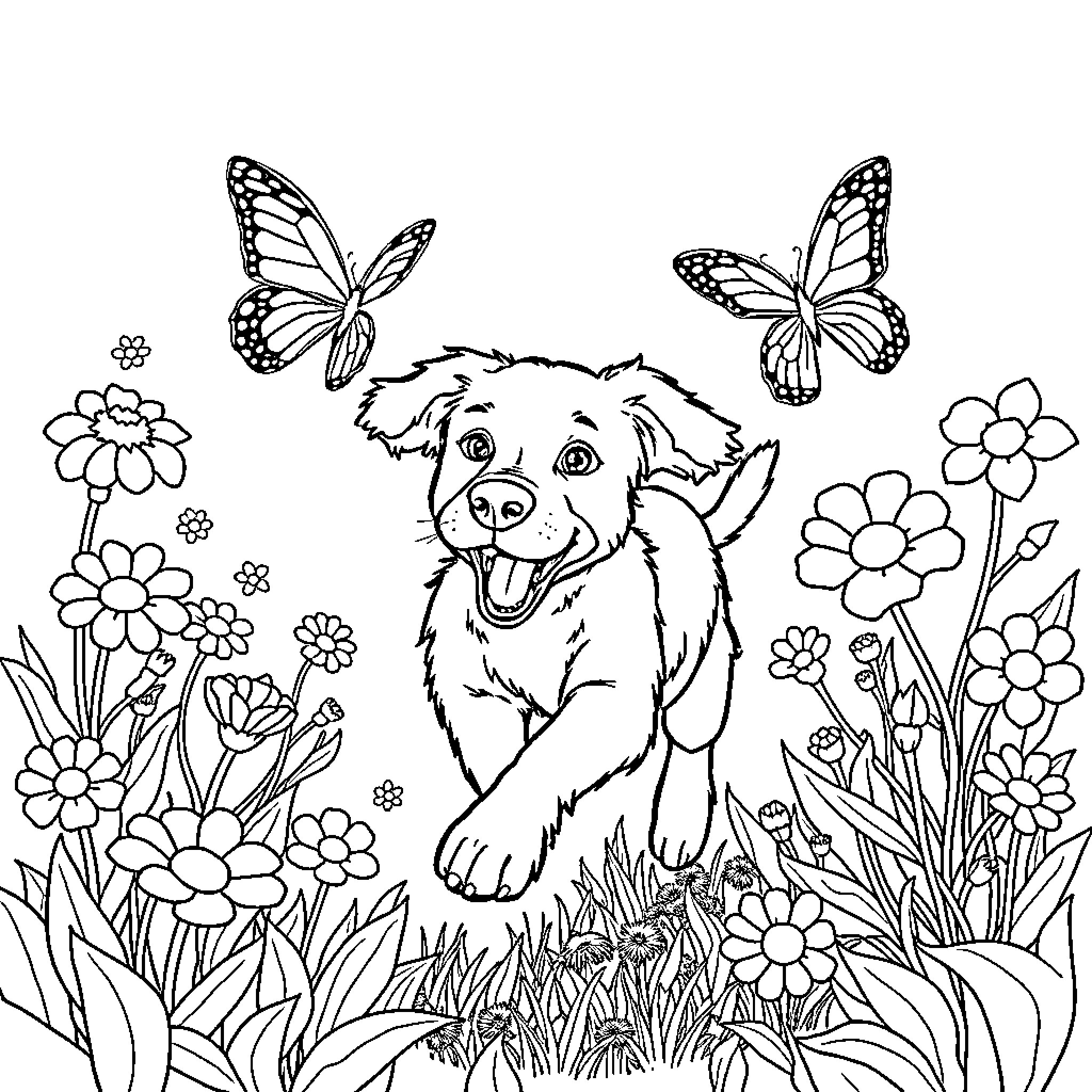 Dog enjoying a floral garden with butterflies Coloring Page (free black-and-white line drawing printable PDF for all, from beginners to advanced learners, including children, teens, adults, and seniors)