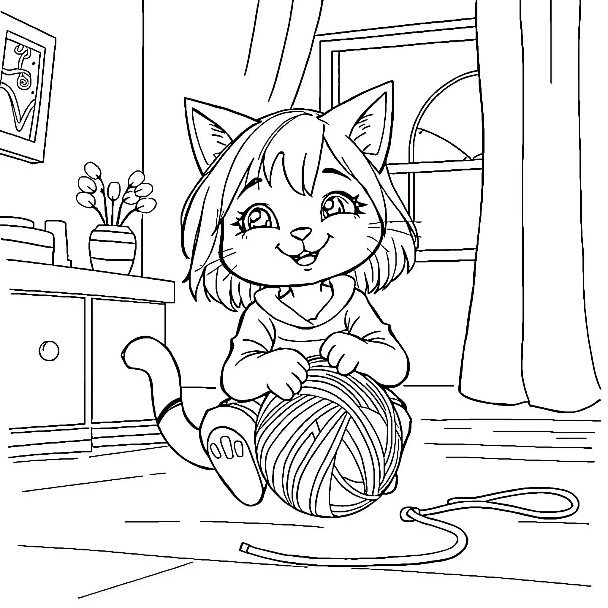 Cat Girl Happily Playing with Yarn in her Room Coloring Page (free black-and-white line drawing printable PDF for all, from beginners to advanced learners, including children, teens, adults, and seniors)