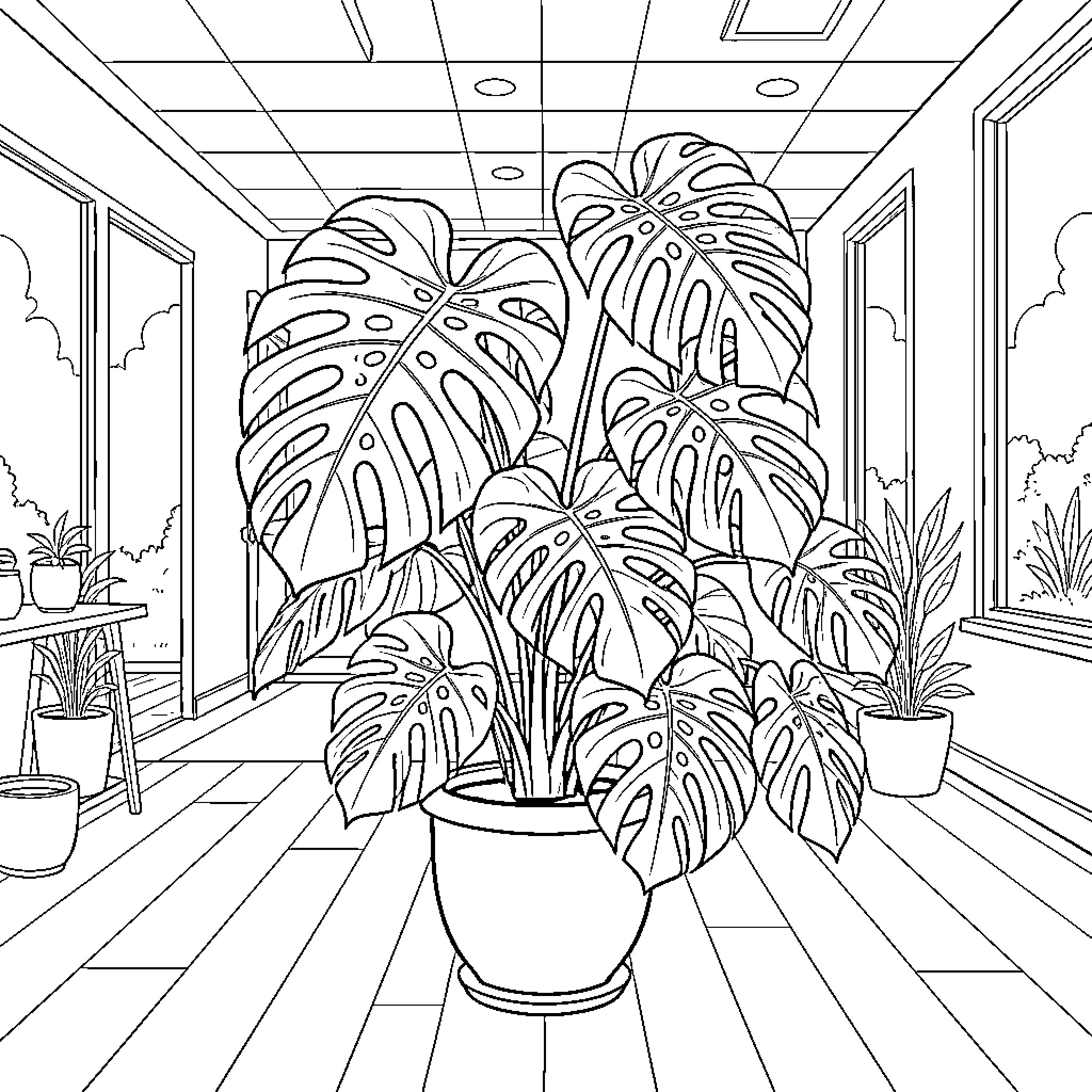 Monstera plant sitting in a pot indoors Coloring Page (free black-and-white line drawing printable PDF for all, from beginners to advanced learners, including children, teens, adults, and seniors)