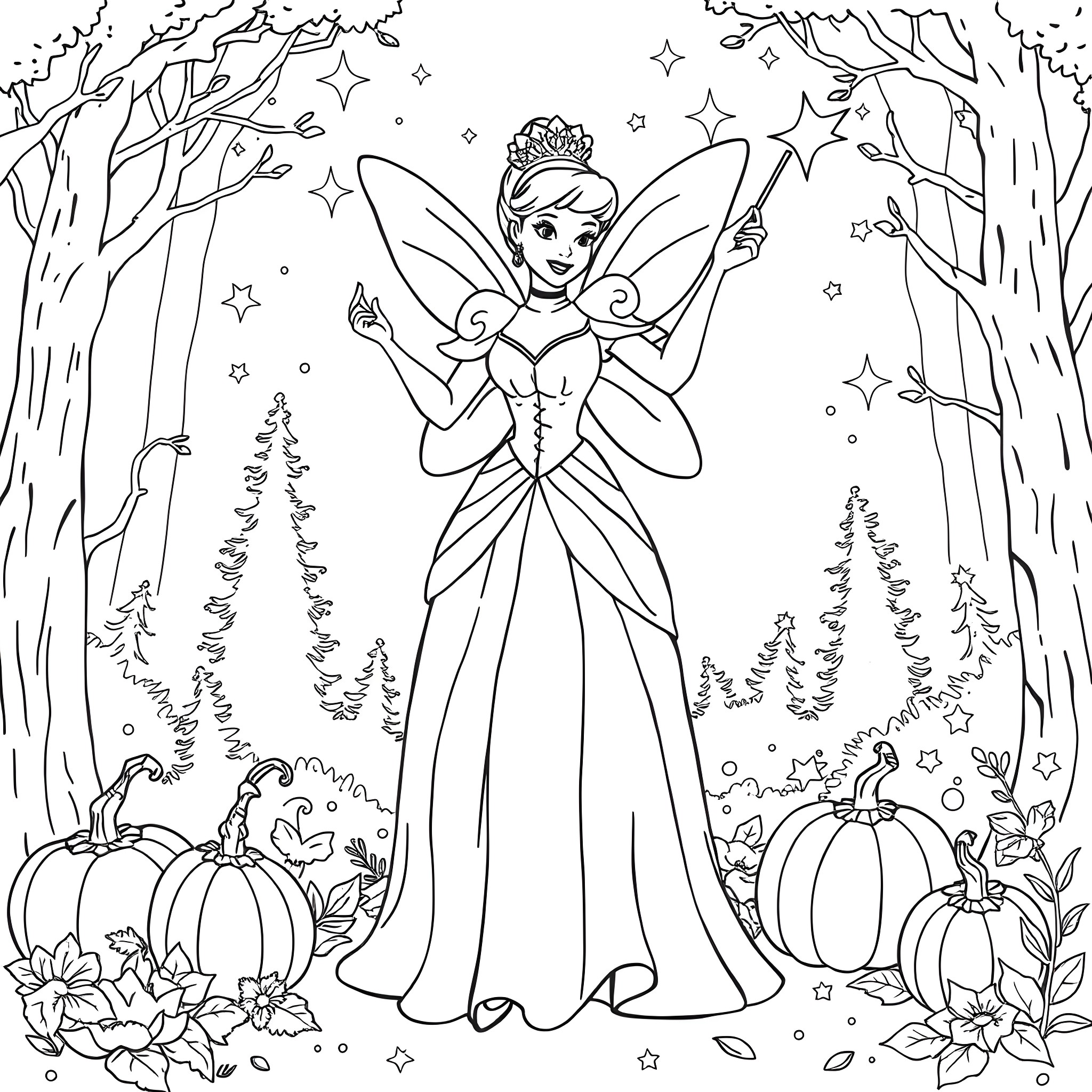 Fairy Godmother waving her magic wand in a enchanting forest Coloring Page (free black-and-white line drawing printable PDF for all, from beginners to advanced learners, including children, teens, adults, and seniors)