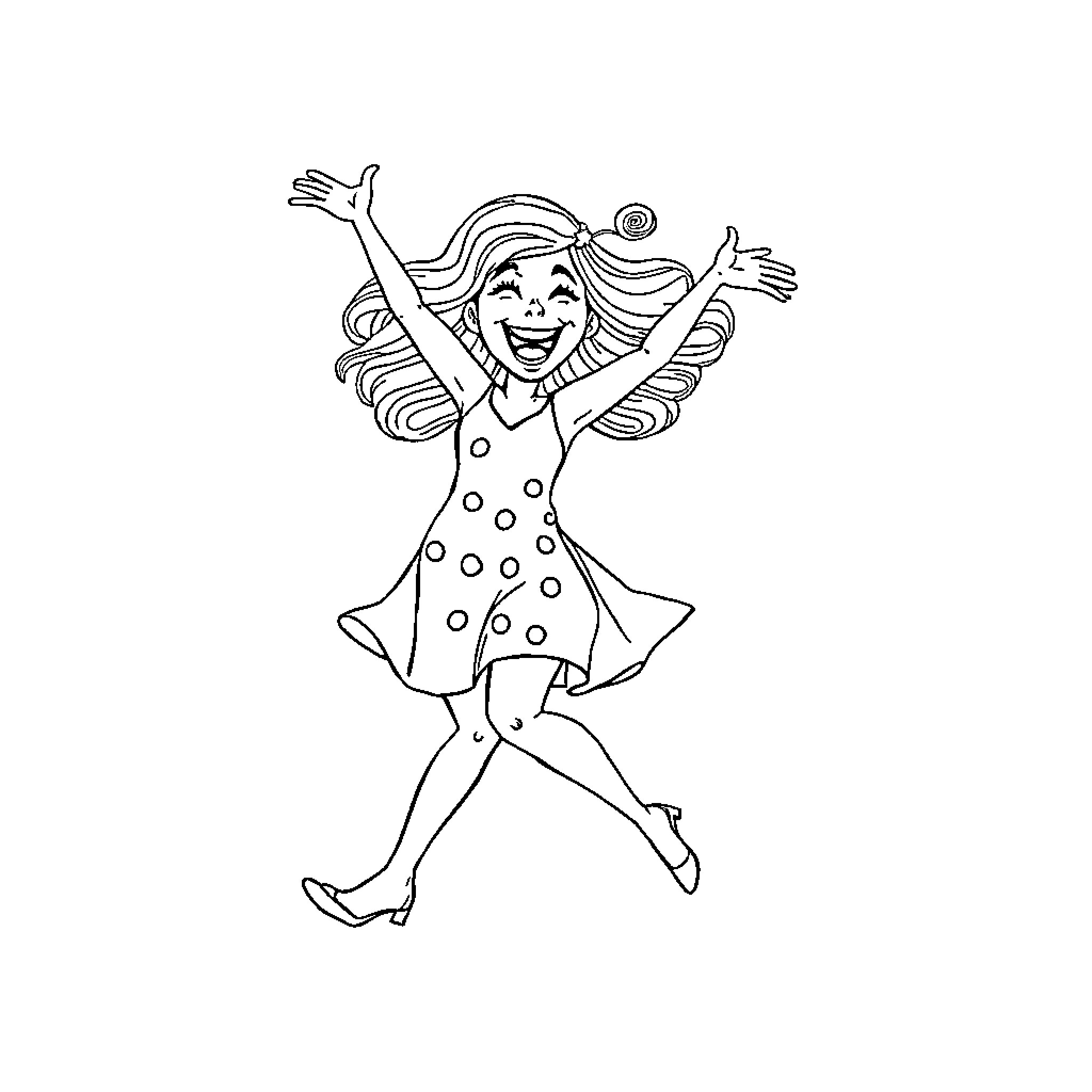 Breckie Hill's joyful girl in polka dot dress Coloring Page (free black-and-white line drawing printable PDF for all, from beginners to advanced learners, including children, teens, adults, and seniors)