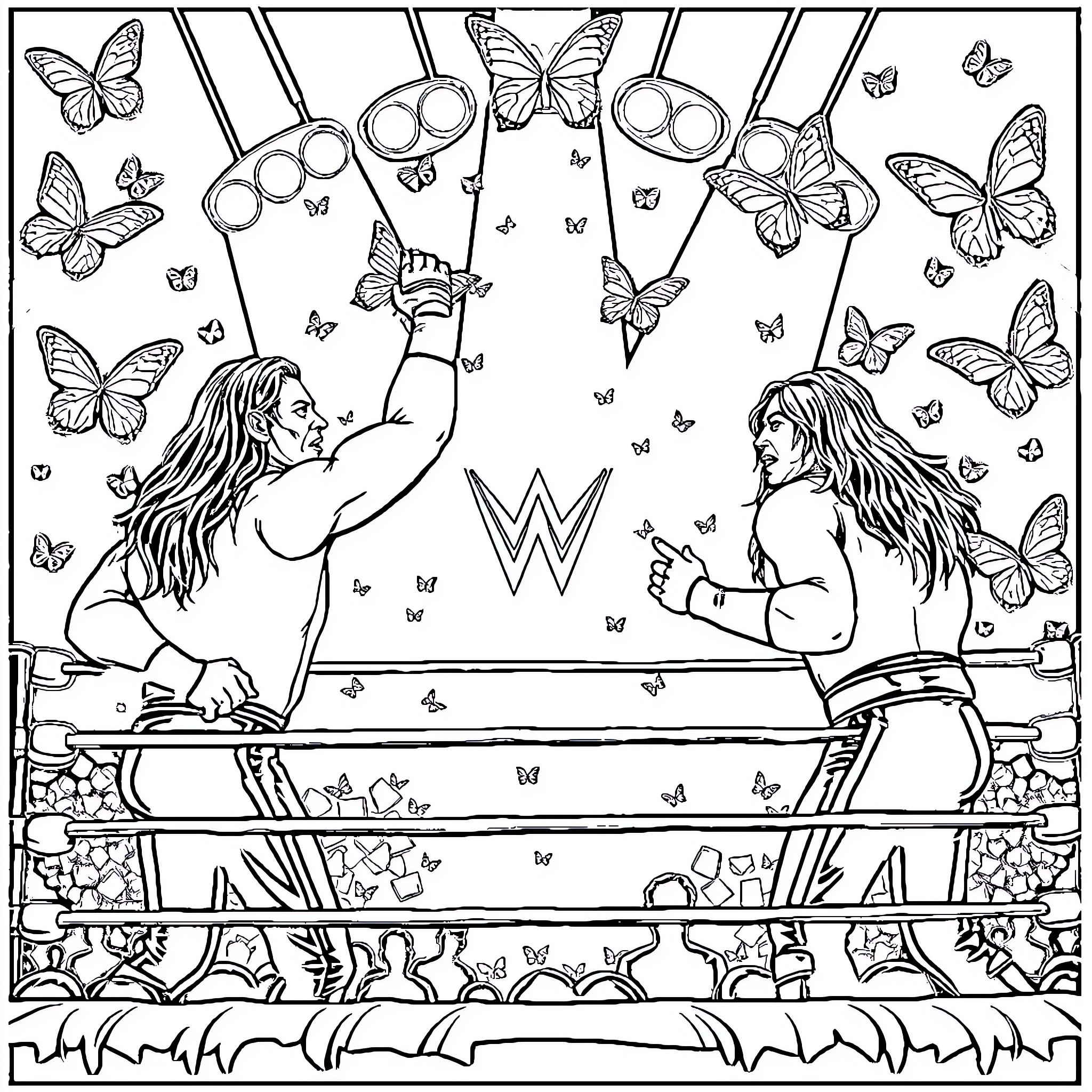 WWE Wrestlers in a Butterfly-Filled Ring Coloring Page (free black-and-white line drawing printable PDF for all, from beginners to advanced learners, including children, teens, adults, and seniors)