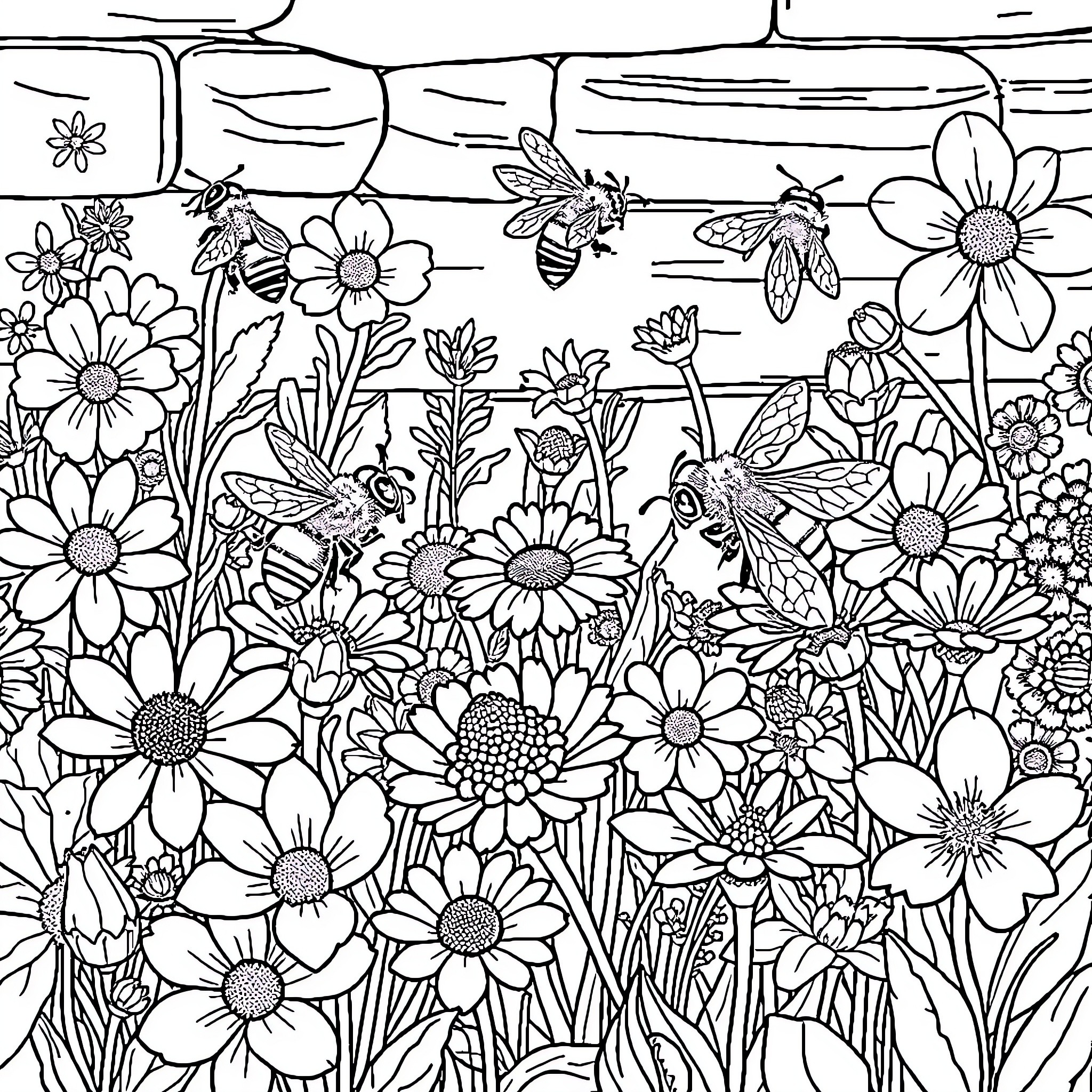 Bee buzzing among vibrant wildflowers Coloring Page (free black-and-white line drawing printable PDF for all, from beginners to advanced learners, including children, teens, adults, and seniors)