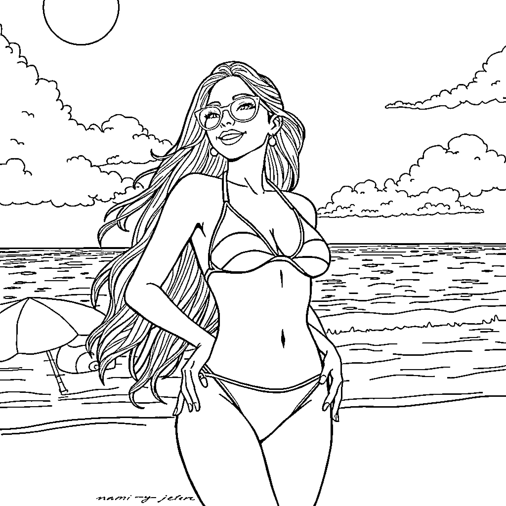 Nami enjoying a sunny day at the beach Coloring Page (free black-and-white line drawing printable PDF for all, from beginners to advanced learners, including children, teens, adults, and seniors)